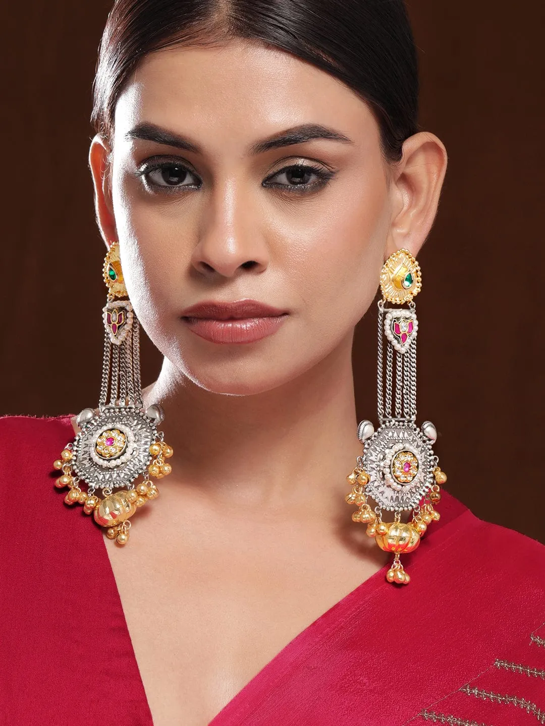 Rubans Oxidized Silver & Gold-Plated Long Dangle Earrings with Ruby, Emerald & Gold Bead Accents