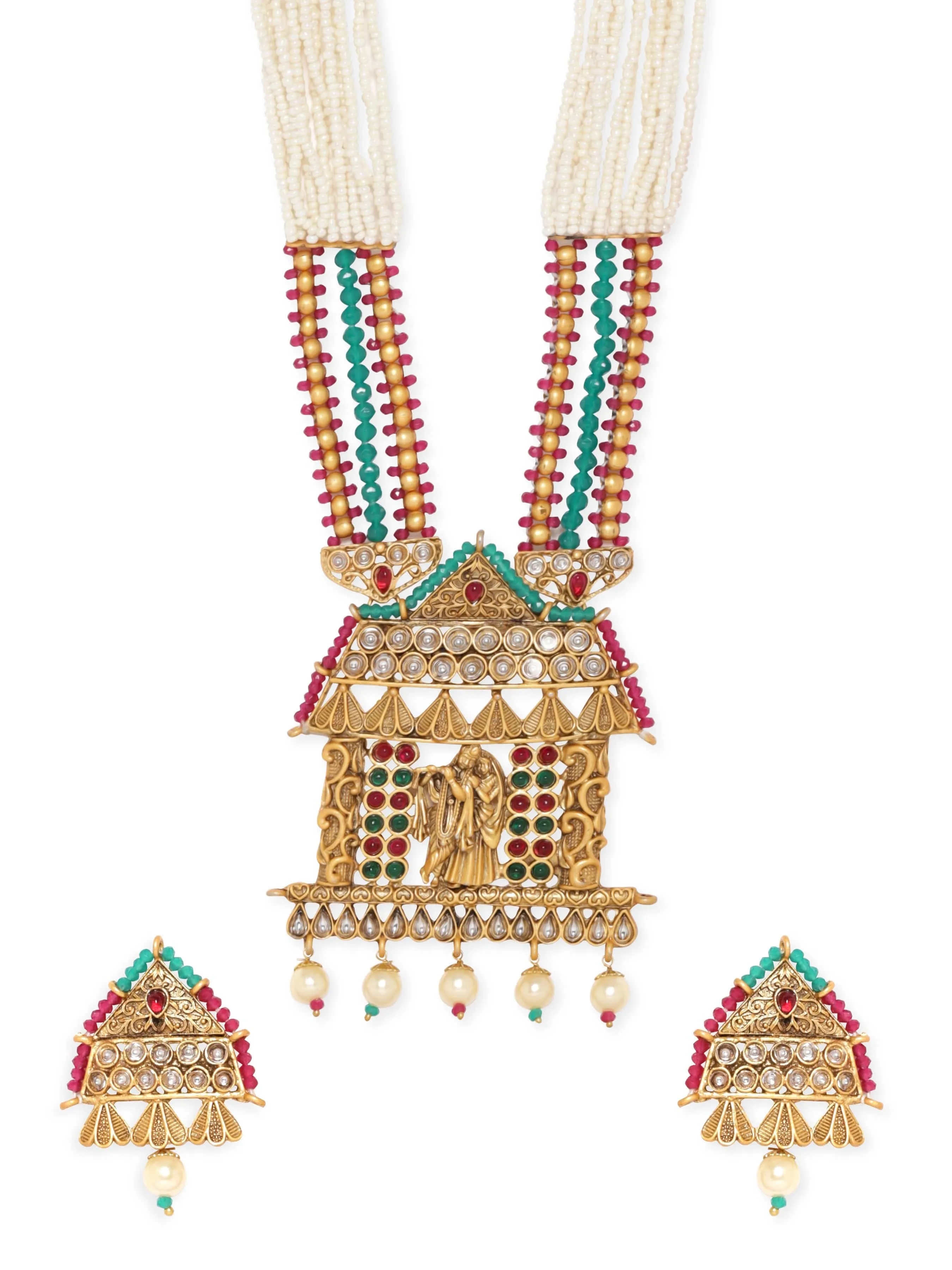 Rubans Sacred Love: Lord Krishna and Radha Temple Jewellery Gold Tone Pendant with Pearls Hanging and White Beads Chain Necklace Set