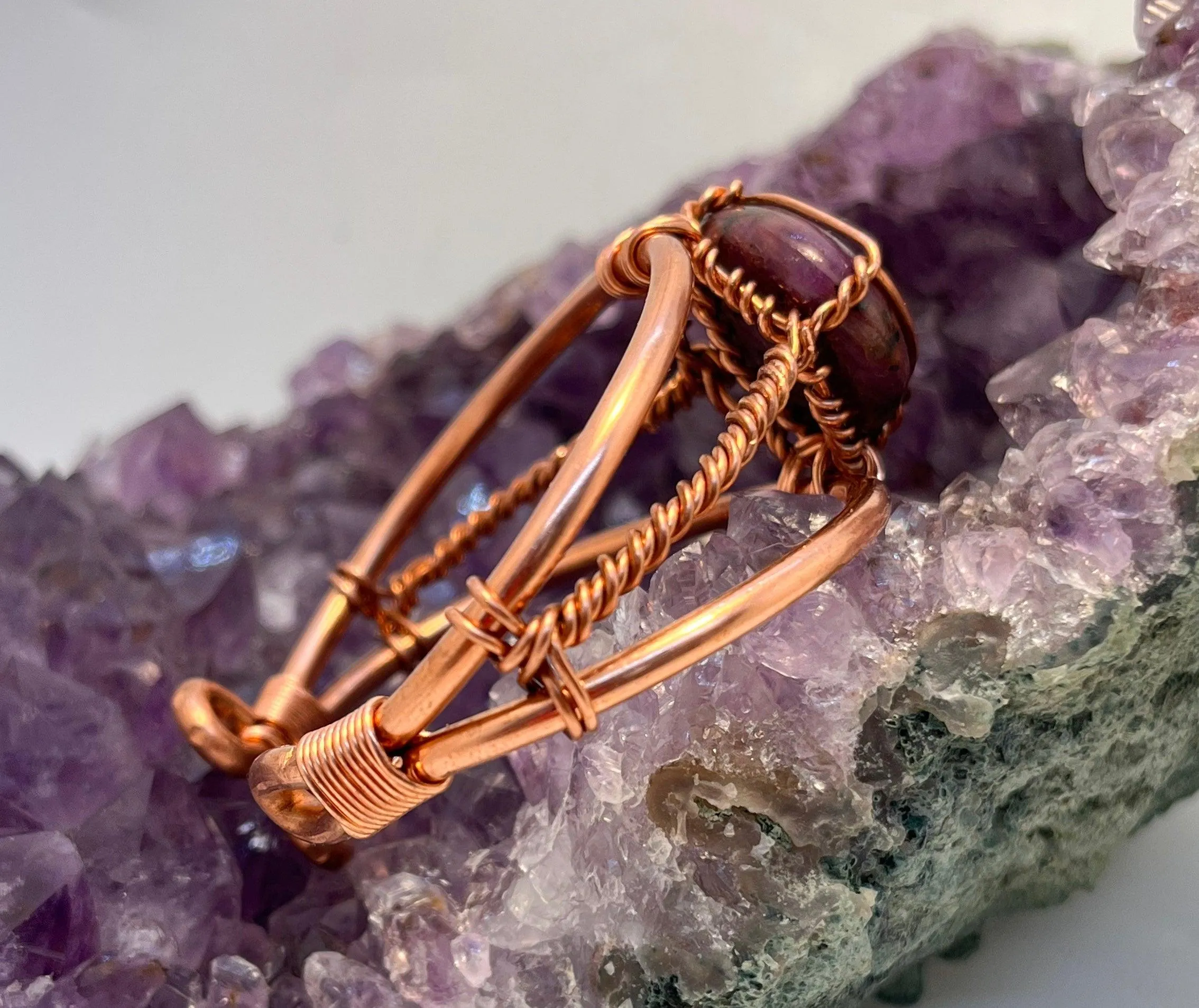 Ruby Crystal Copper Bracelet Wirewrapped