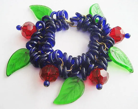 Ruby Red Beads & Cobalt Blue Glass Rings with Big Leaves Bracelet