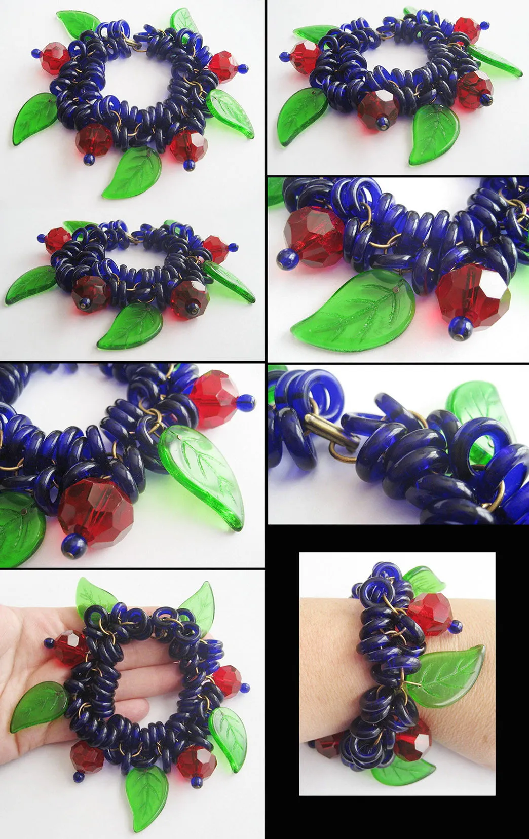 Ruby Red Beads & Cobalt Blue Glass Rings with Big Leaves Bracelet