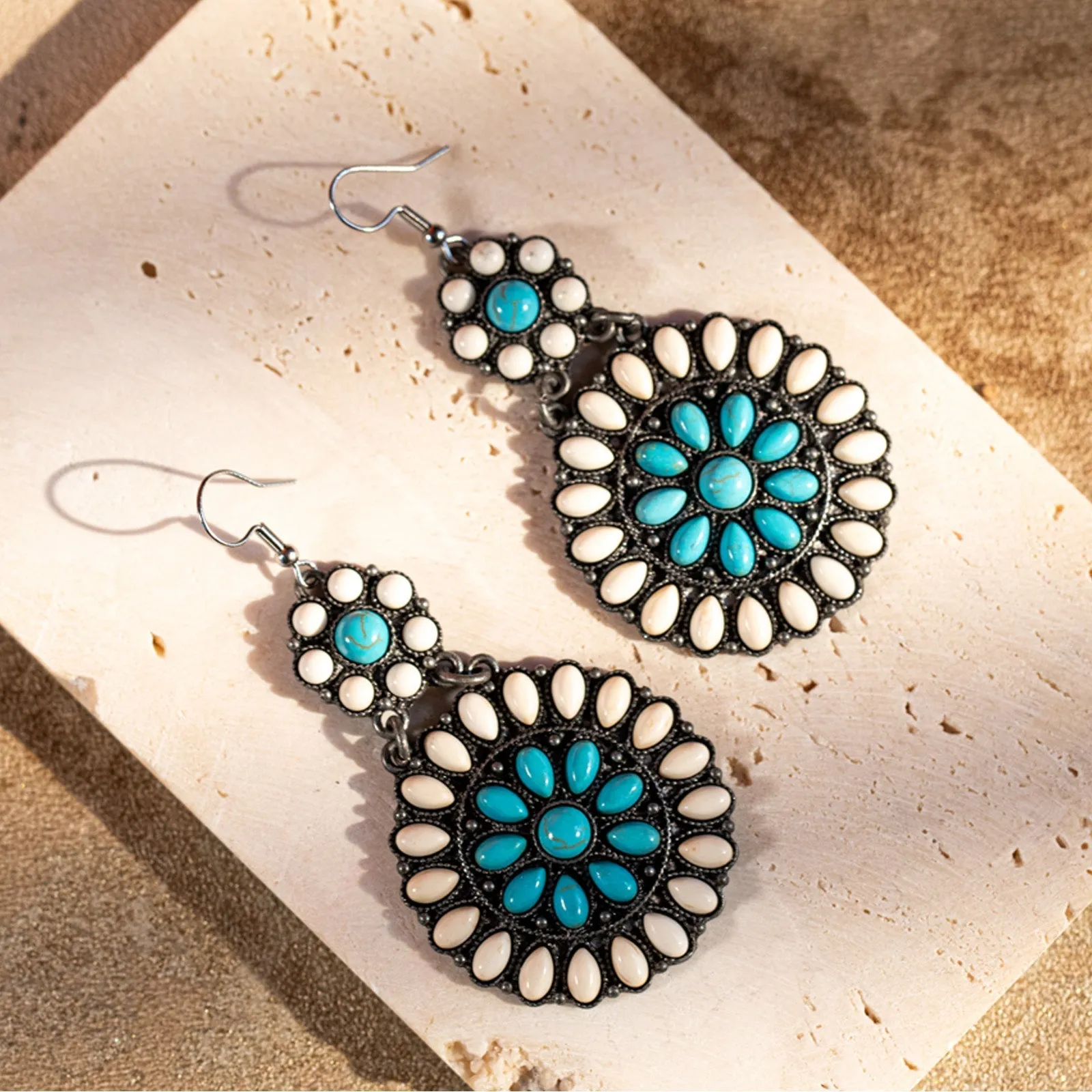 Rustic Couture Bohemian Turquoise Stone Dangle Earrings