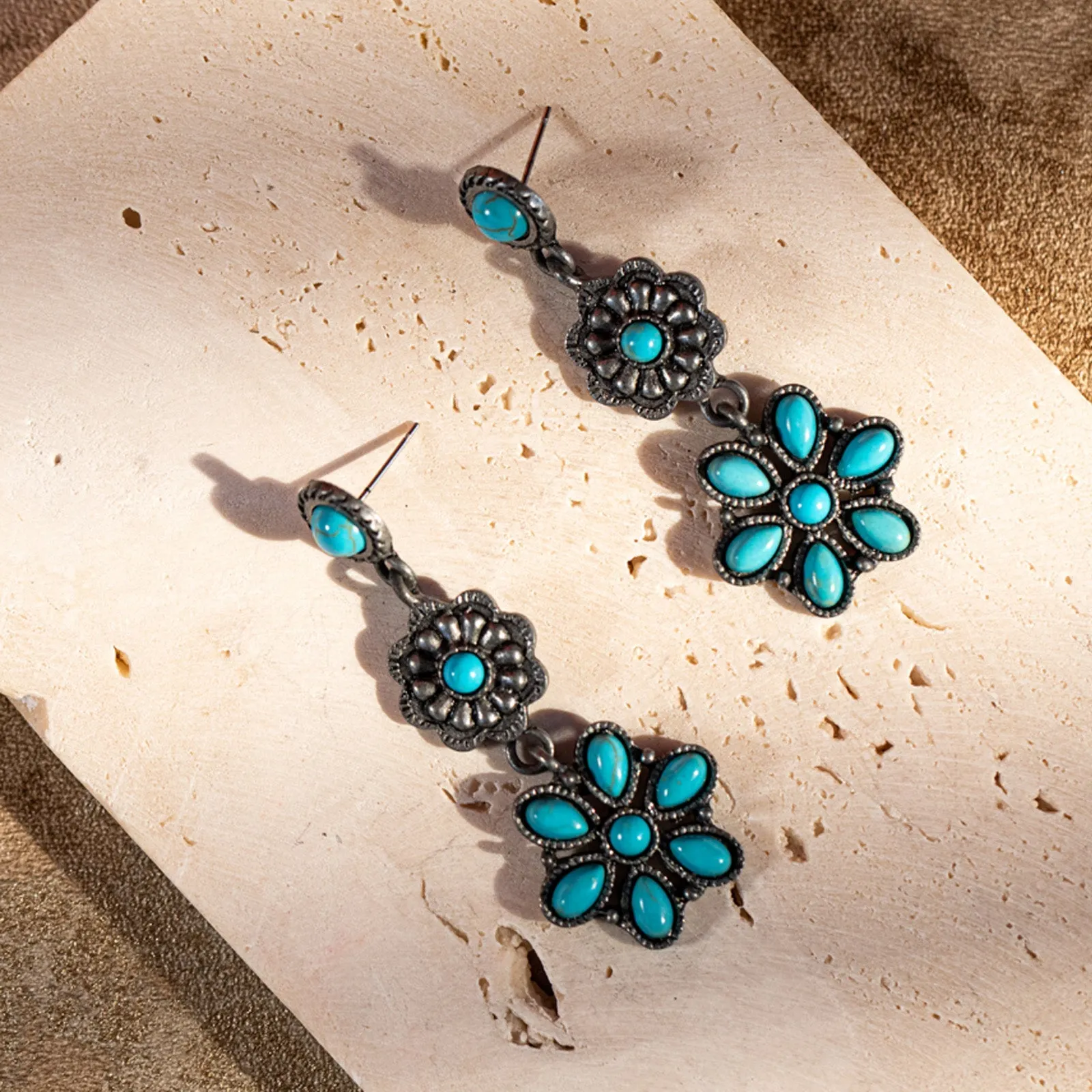 Rustic Couture Turquoise Squash Blossom Drop Earrings