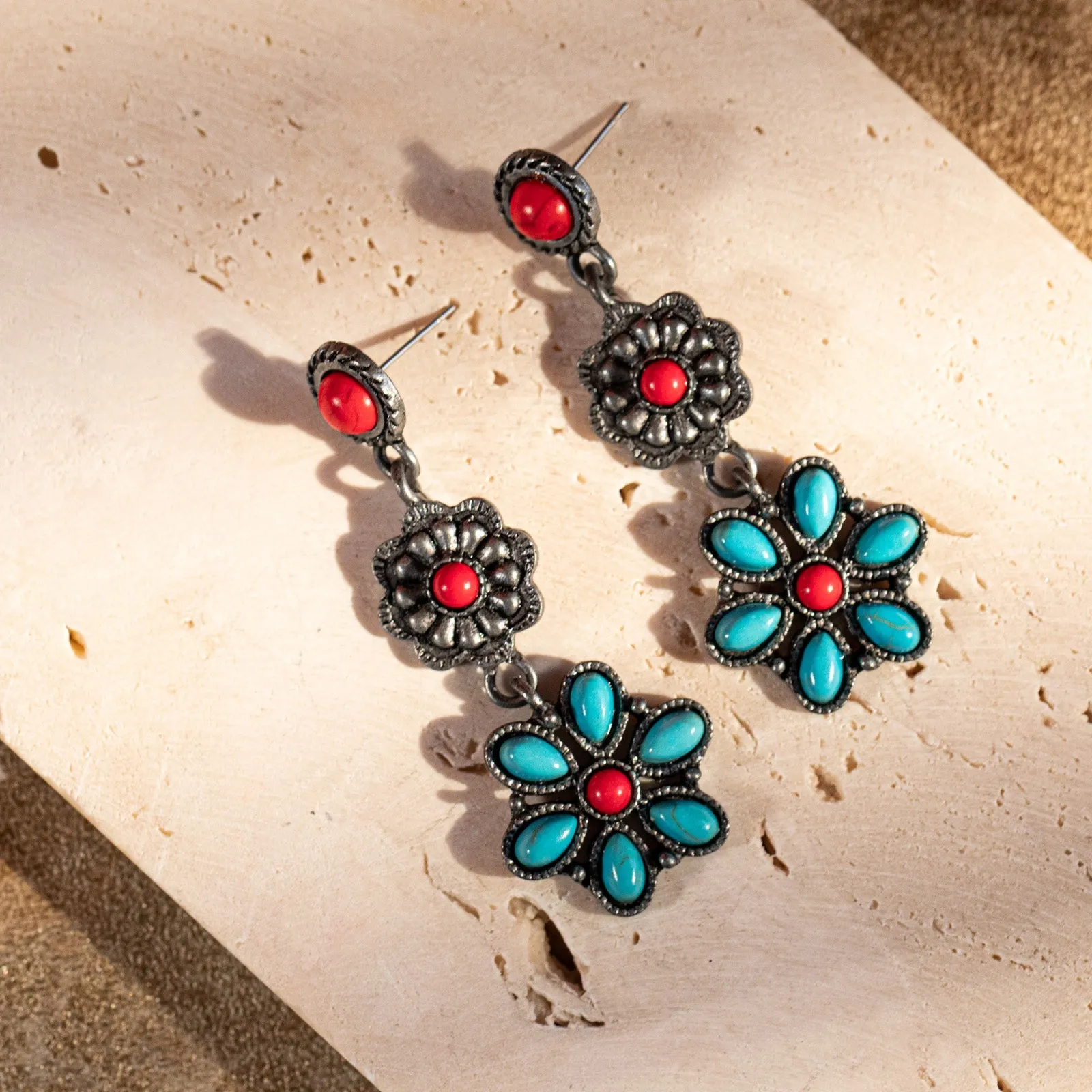 Rustic Couture Turquoise Squash Blossom Drop Earrings