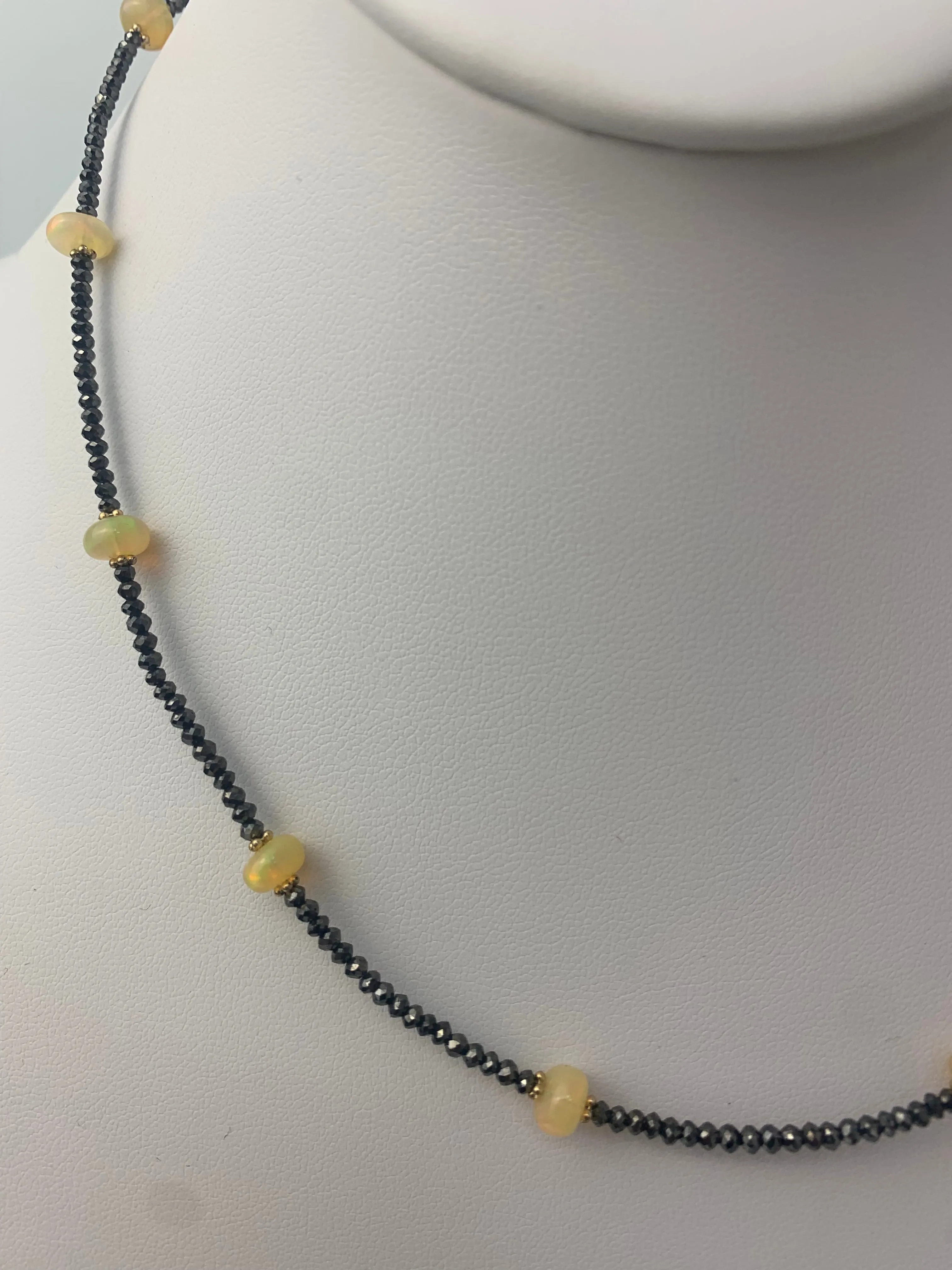 SALE - 17.5" Black Diamond Necklace with Opal Stations in 14KY - NCK-063-CRDDIAGM14Y-BLKOP-17.5