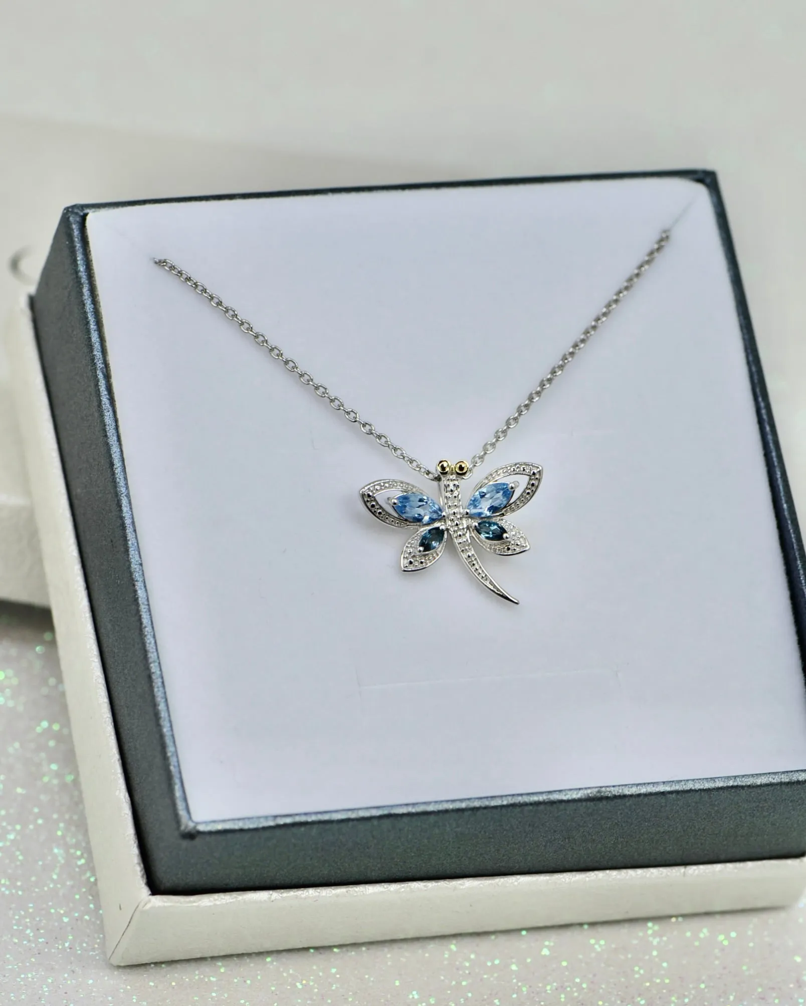 Shey Couture Sterling Silver w/ 14K Gold Accent Blue Topaz & Diamond Dragonfly Necklace