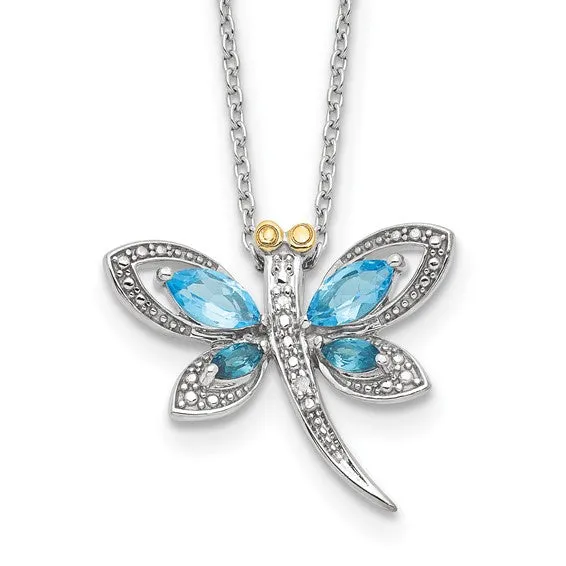 Shey Couture Sterling Silver w/ 14K Gold Accent Blue Topaz & Diamond Dragonfly Necklace