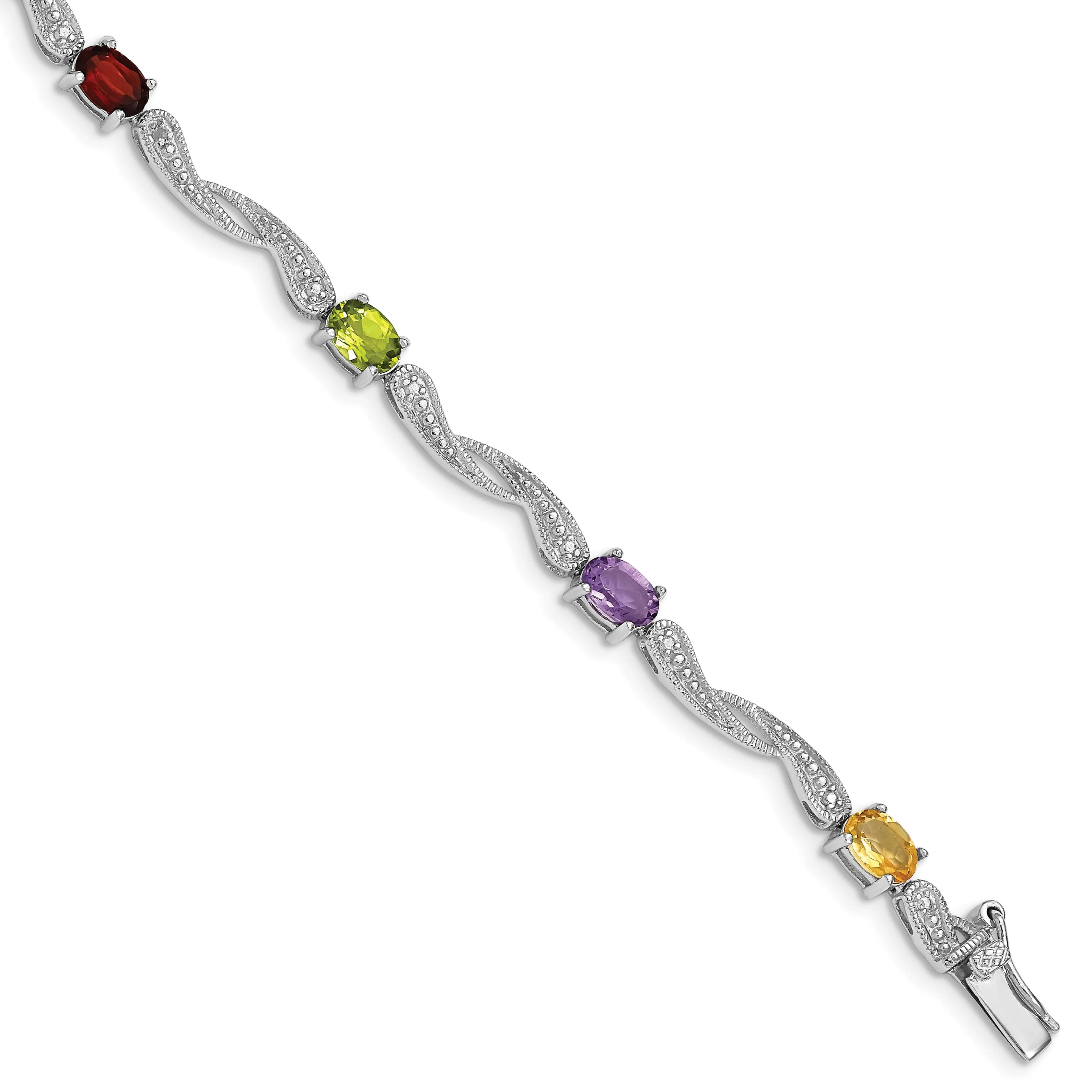 Silver Diamond Multi-Colored Gemstone Bracelet