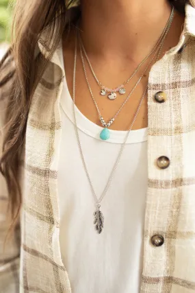 Silver Layered Leaf & Turquoise Necklace