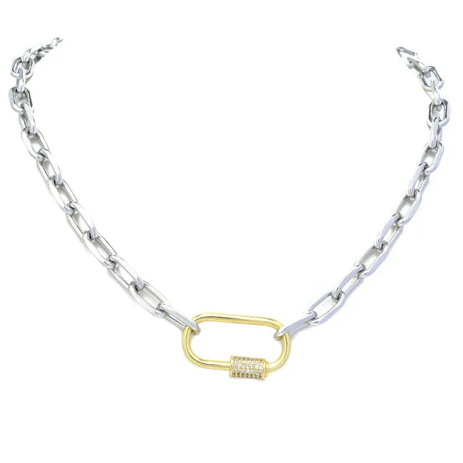 Silver Linked Chain Necklace with Gold CZ Station