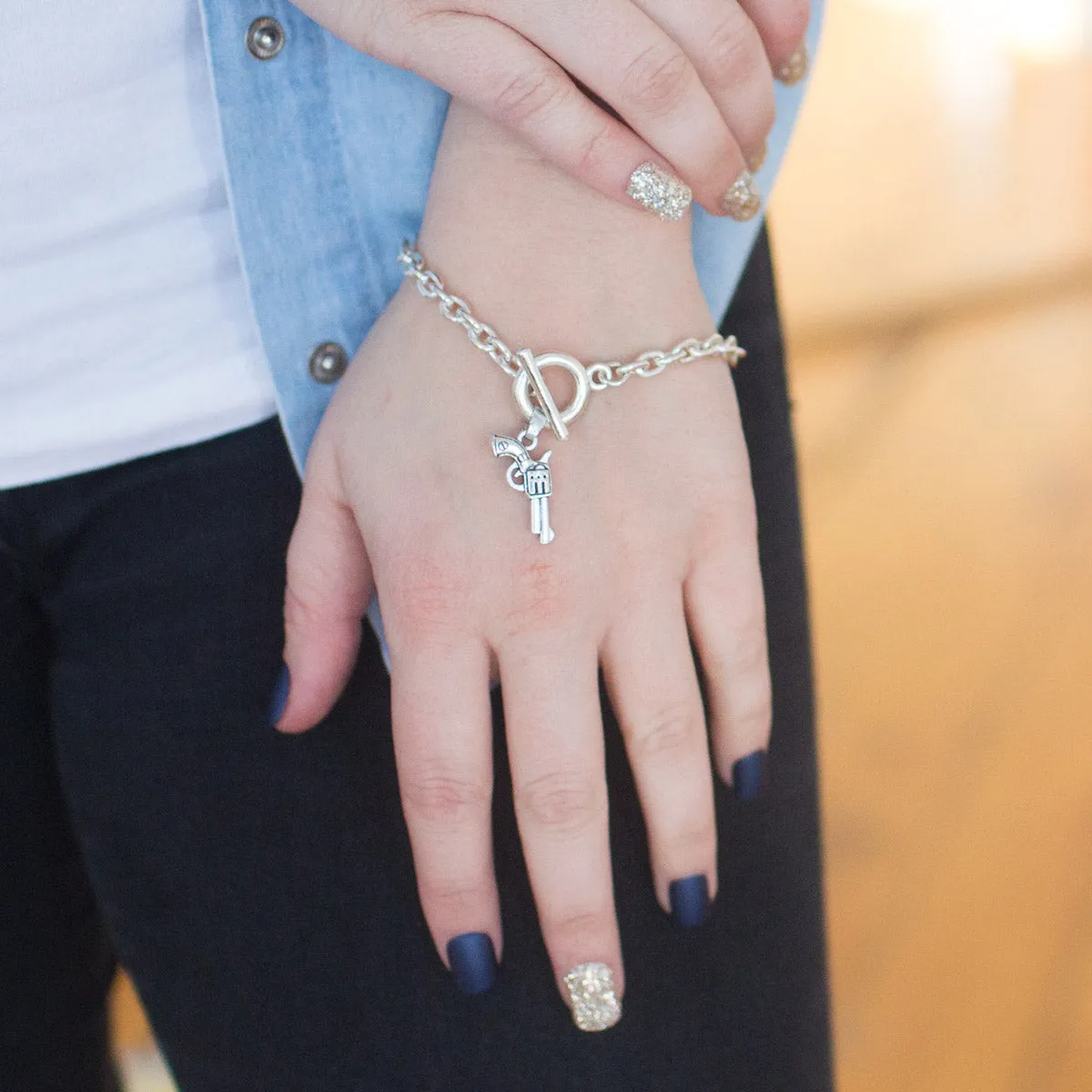 Silver Revolver Charm Toggle Bracelet