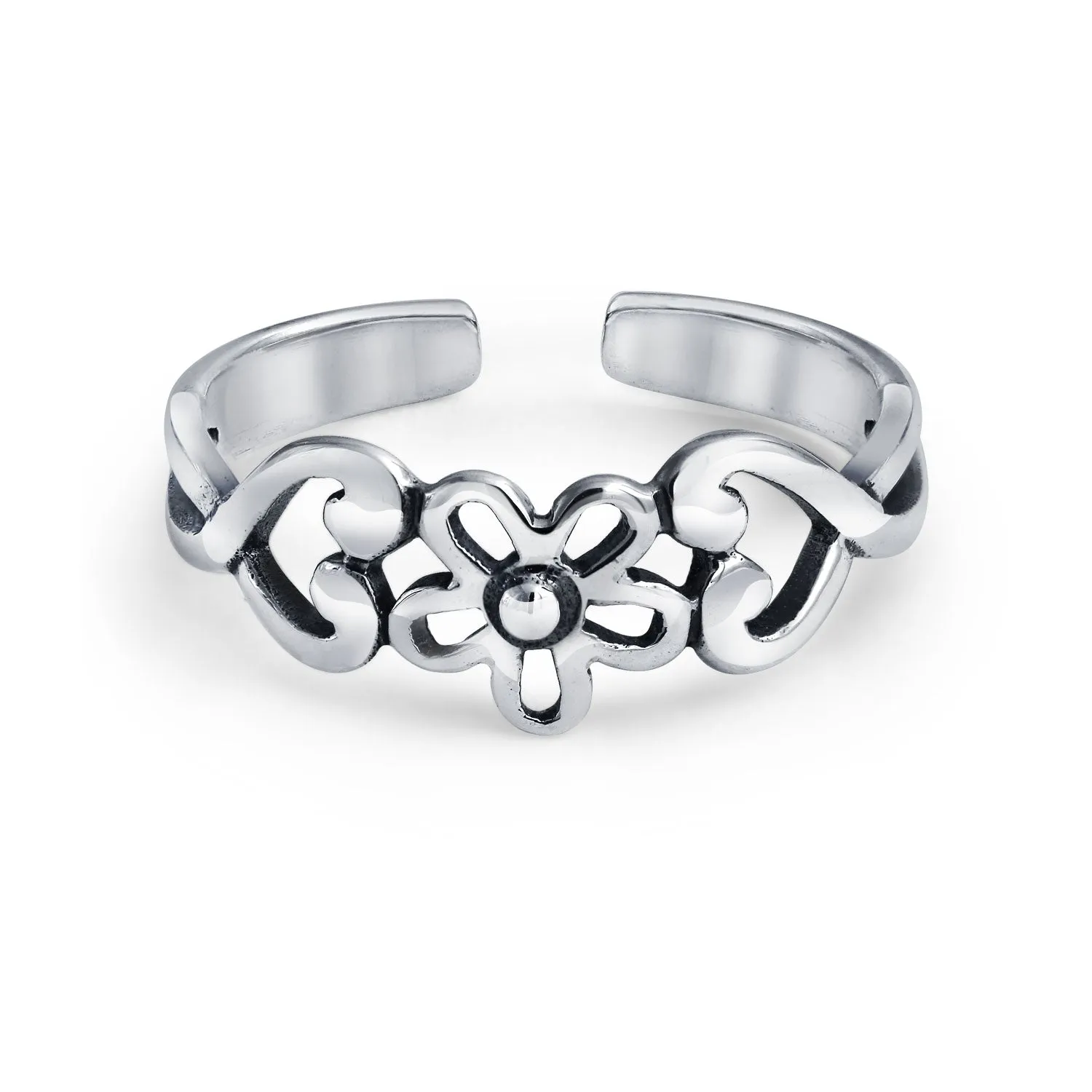 Silver Sterling Toe Ring with Flowers & Heart Filigree Design Midi Band