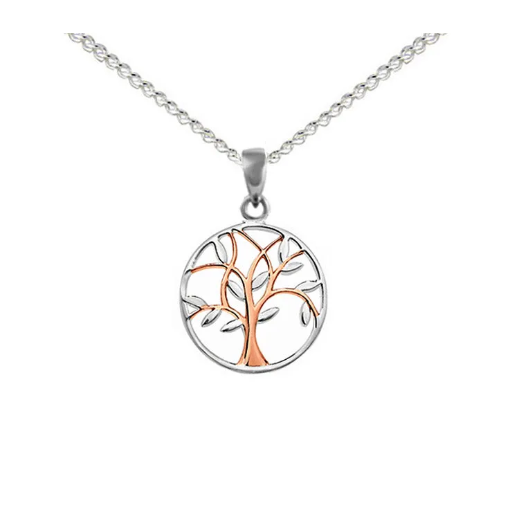 Silver Tree Of Life Pendant Necklace With Rose Gold