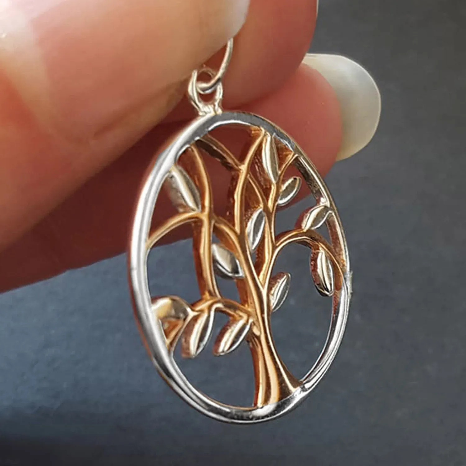 Silver Tree Of Life Pendant Necklace With Rose Gold