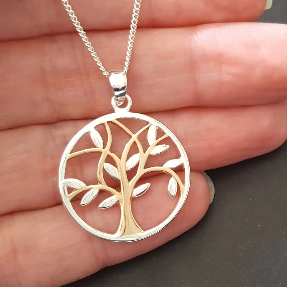 Silver Tree Of Life Pendant Necklace With Rose Gold