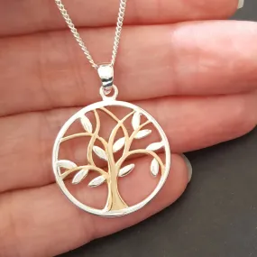 Silver Tree Of Life Pendant Necklace With Rose Gold