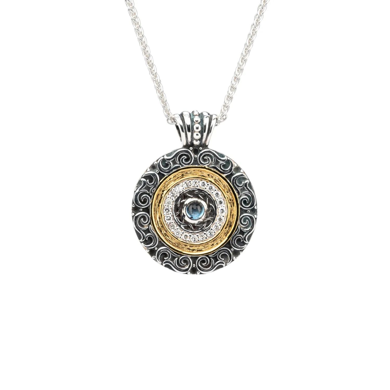 Silver with 14k Gold Gilding Shield Filigree Pendant - London Blue Topaz