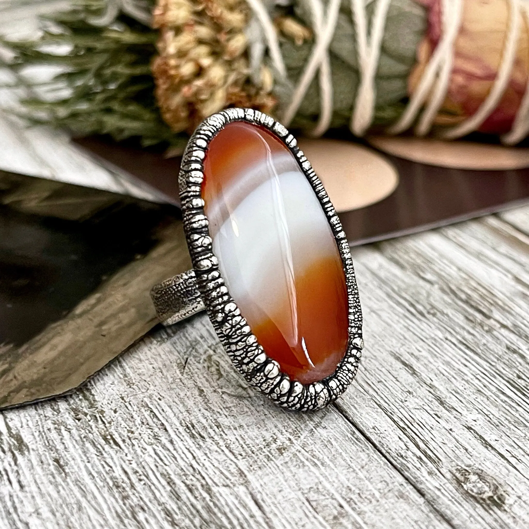 Size 7 Red Banded Agate Crystal Statement Ring in Fine Silver / Large Crystal Ring Big Statement Ring