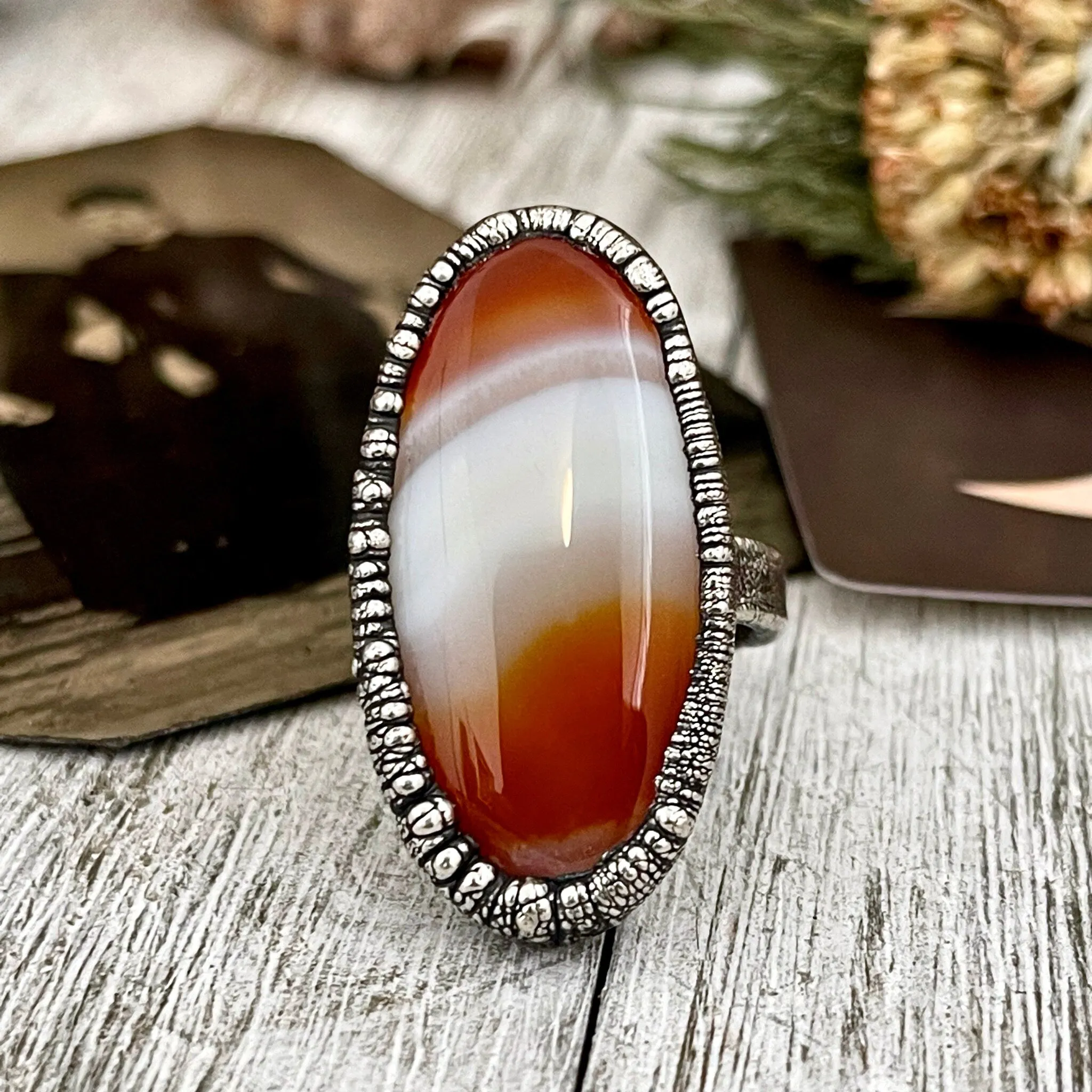 Size 7 Red Banded Agate Crystal Statement Ring in Fine Silver / Large Crystal Ring Big Statement Ring