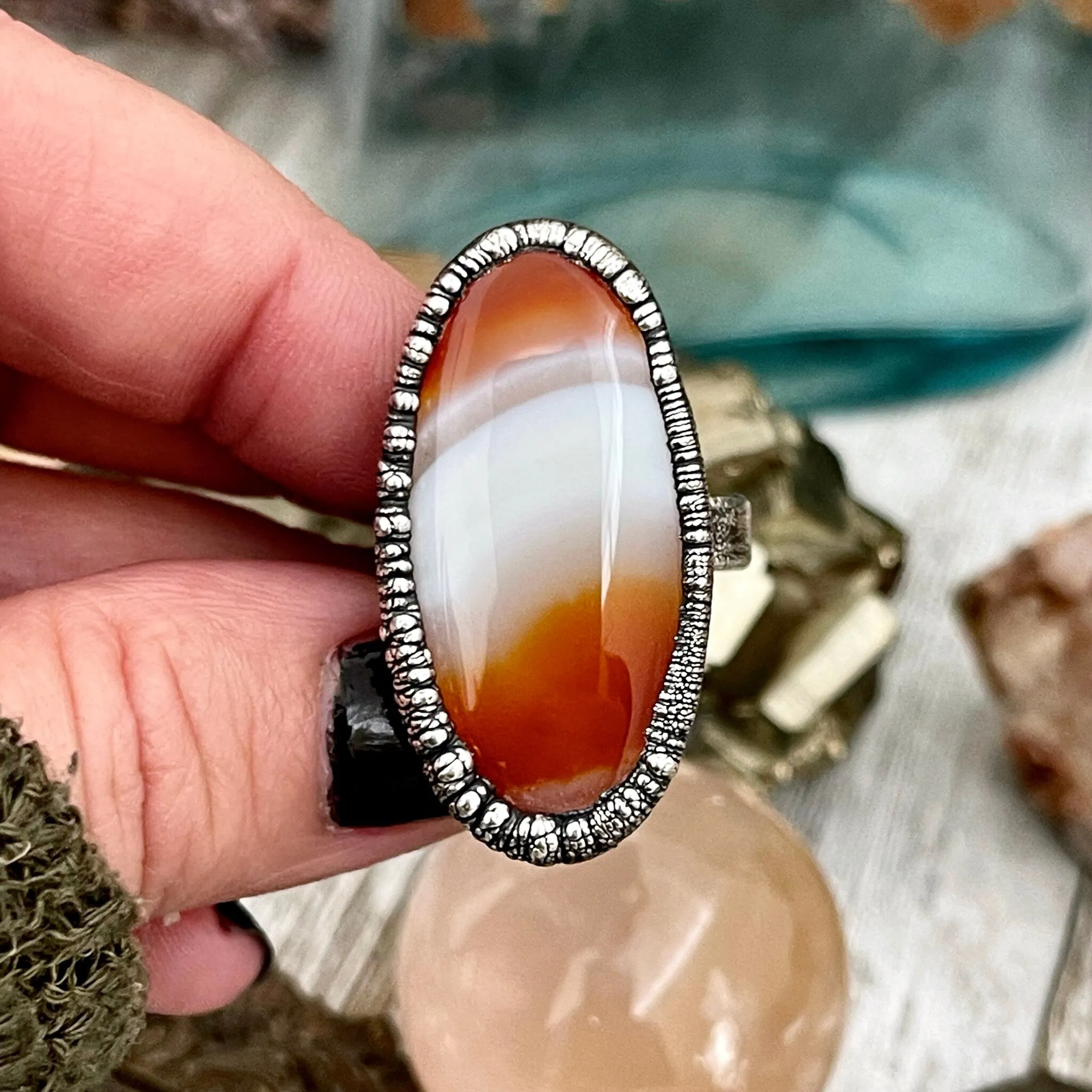 Size 7 Red Banded Agate Crystal Statement Ring in Fine Silver / Large Crystal Ring Big Statement Ring