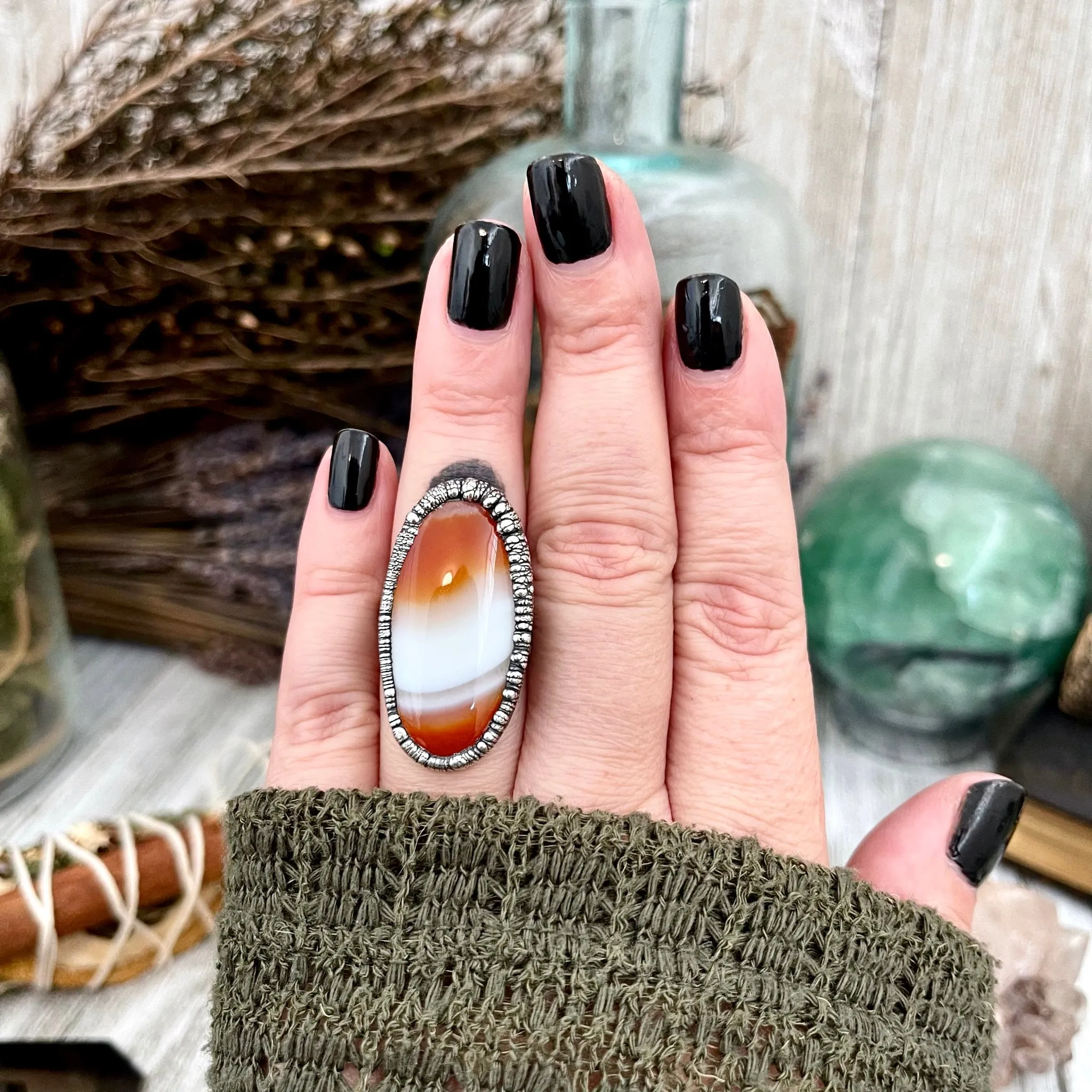 Size 7 Red Banded Agate Crystal Statement Ring in Fine Silver / Large Crystal Ring Big Statement Ring