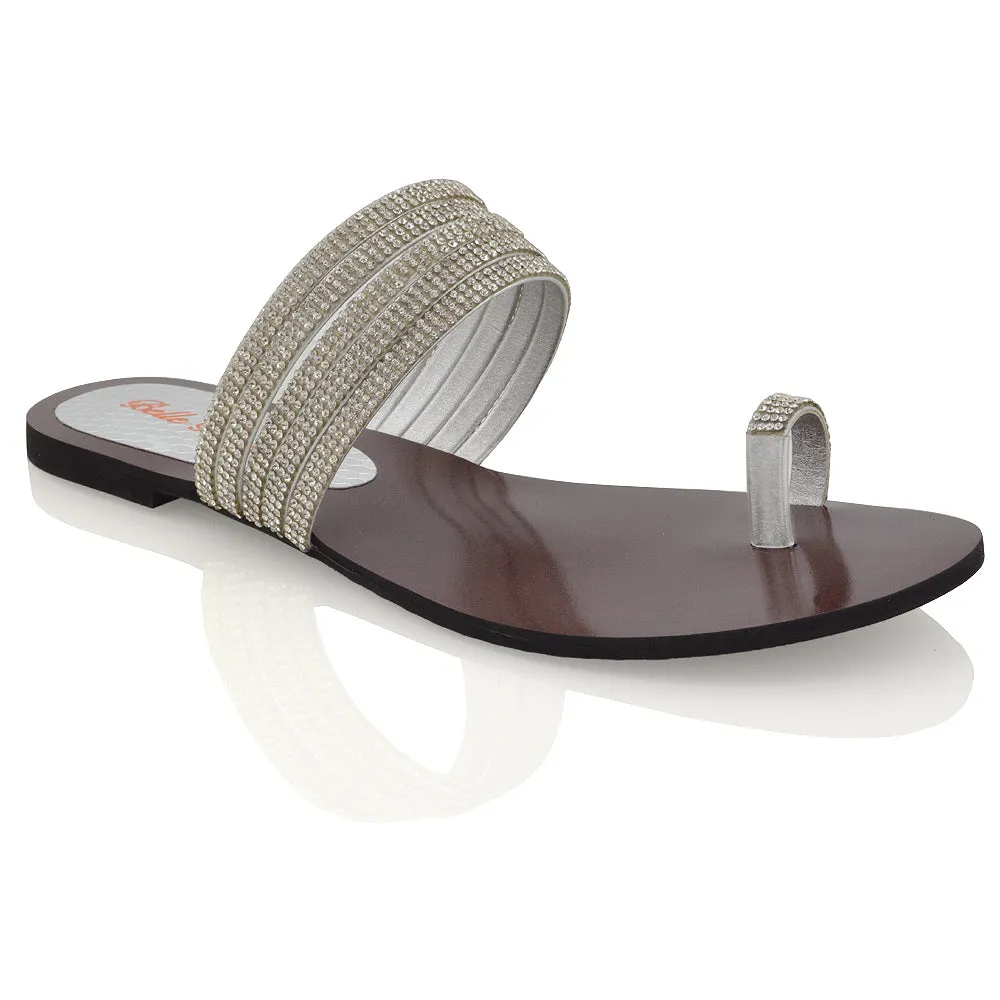 SKYE SLIP ON DAINTY SPARKLY STRAPPY TOE RING POST HIGH SHINE DIAMANTE FLAT SANDALS IN SILVER