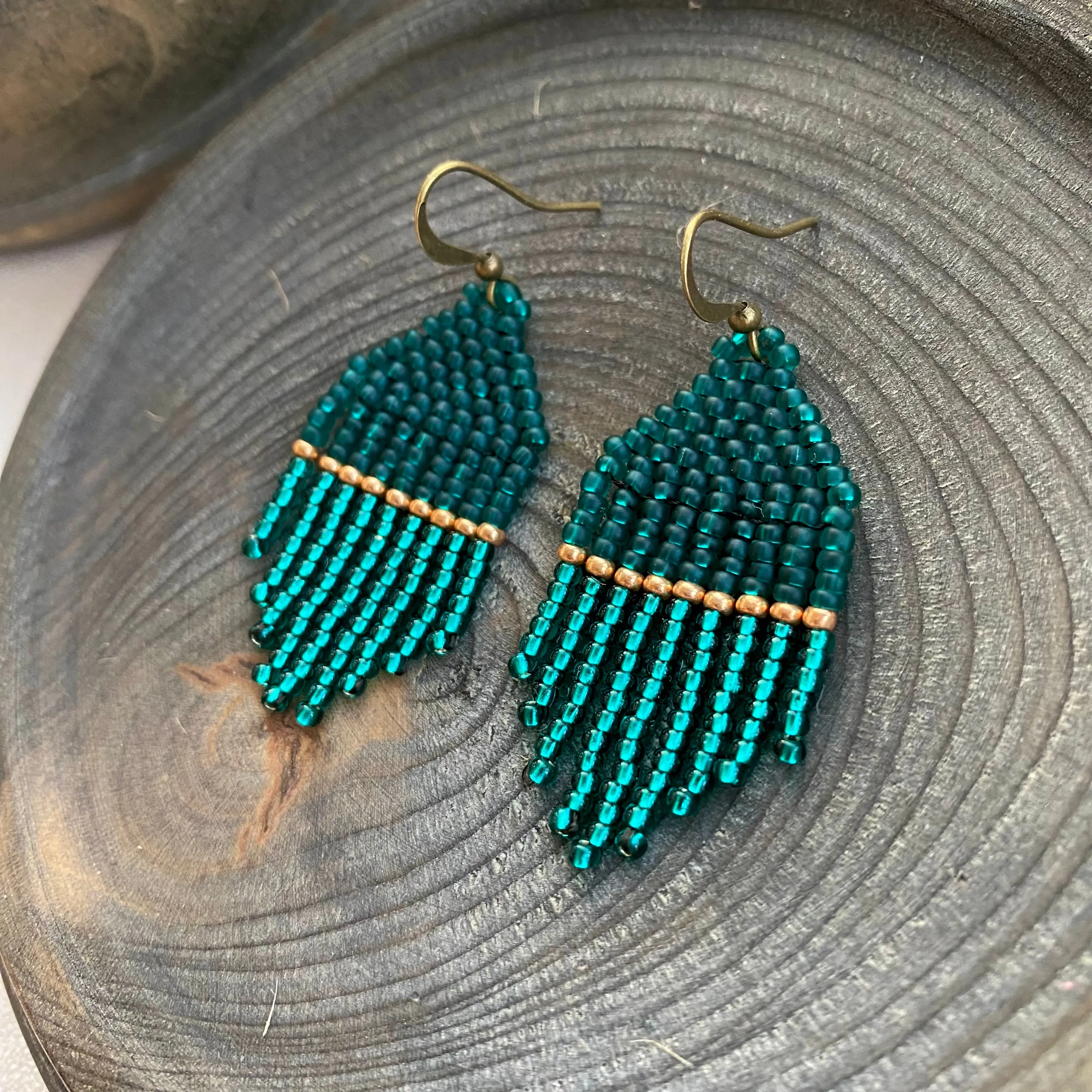 Small Fringe Emerald Seed Bead Earrings, Gold Green Chandelier Earrings, Small Dangle Statement Earrings, Cute Dainty Aesthetic Earring Boho