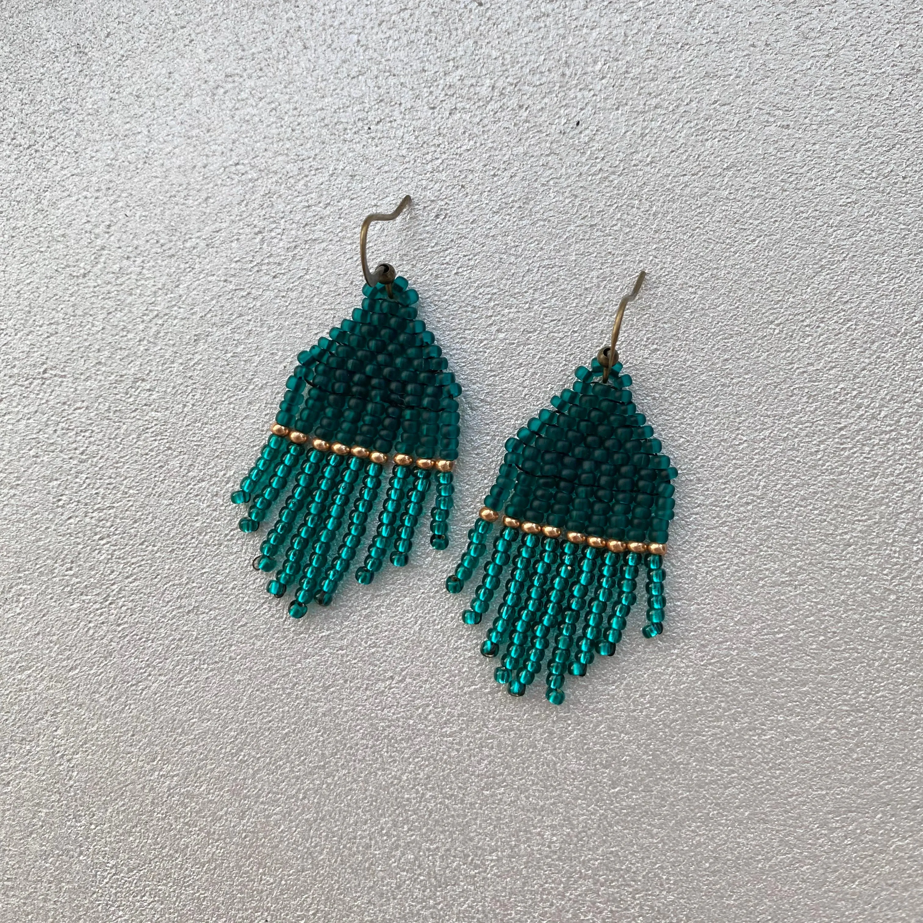 Small Fringe Emerald Seed Bead Earrings, Gold Green Chandelier Earrings, Small Dangle Statement Earrings, Cute Dainty Aesthetic Earring Boho