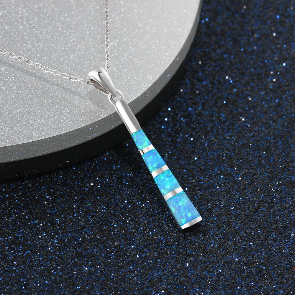 Small Long Cylinder Blue Opal Sterling Silver Necklace