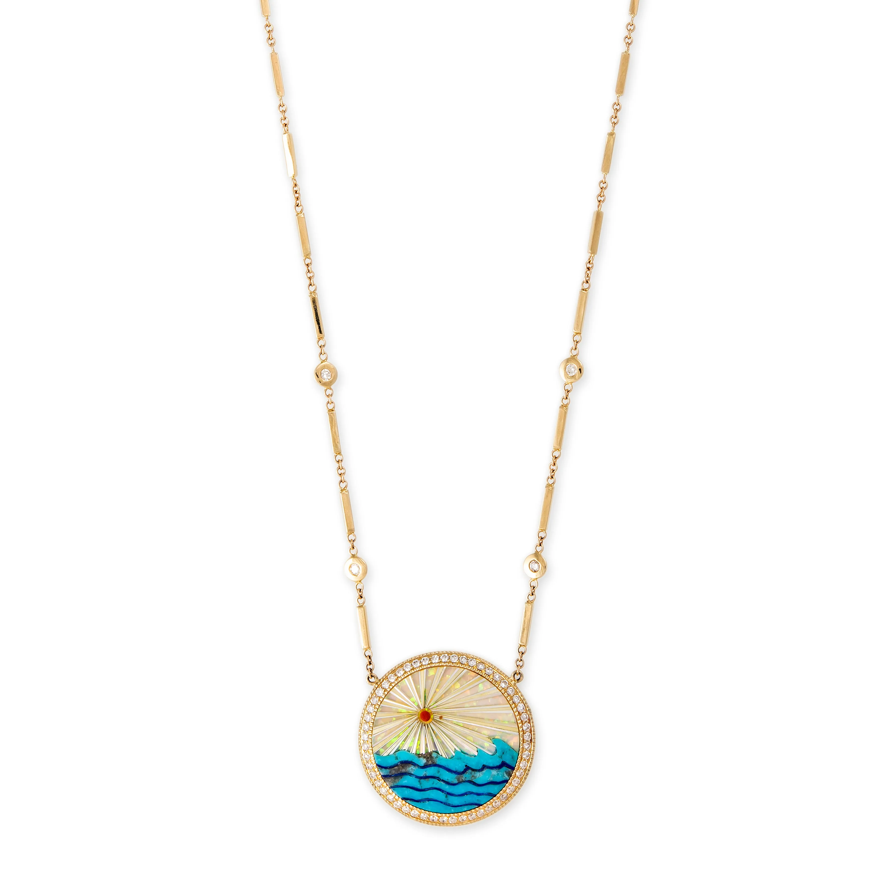 SMALL PAVE ROUND OPAL RAYS   TURQUOISE WAVES INLAY SMOOTH BAR NECKLACE