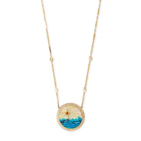 SMALL PAVE ROUND OPAL RAYS   TURQUOISE WAVES INLAY SMOOTH BAR NECKLACE