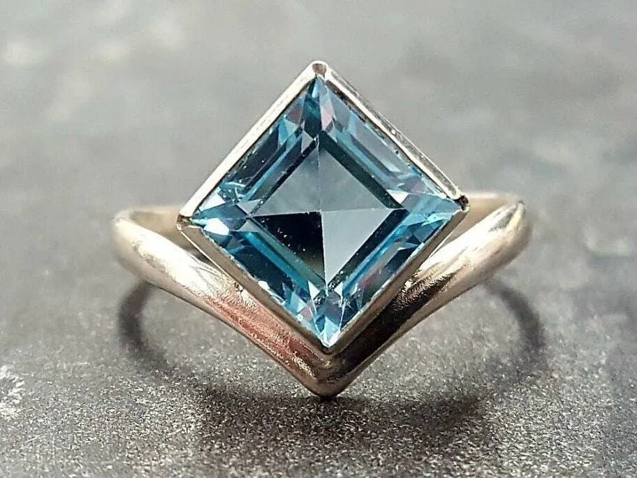 Square Blue Topaz Ring - Princess Cut Ring - Classy Bezel Ring