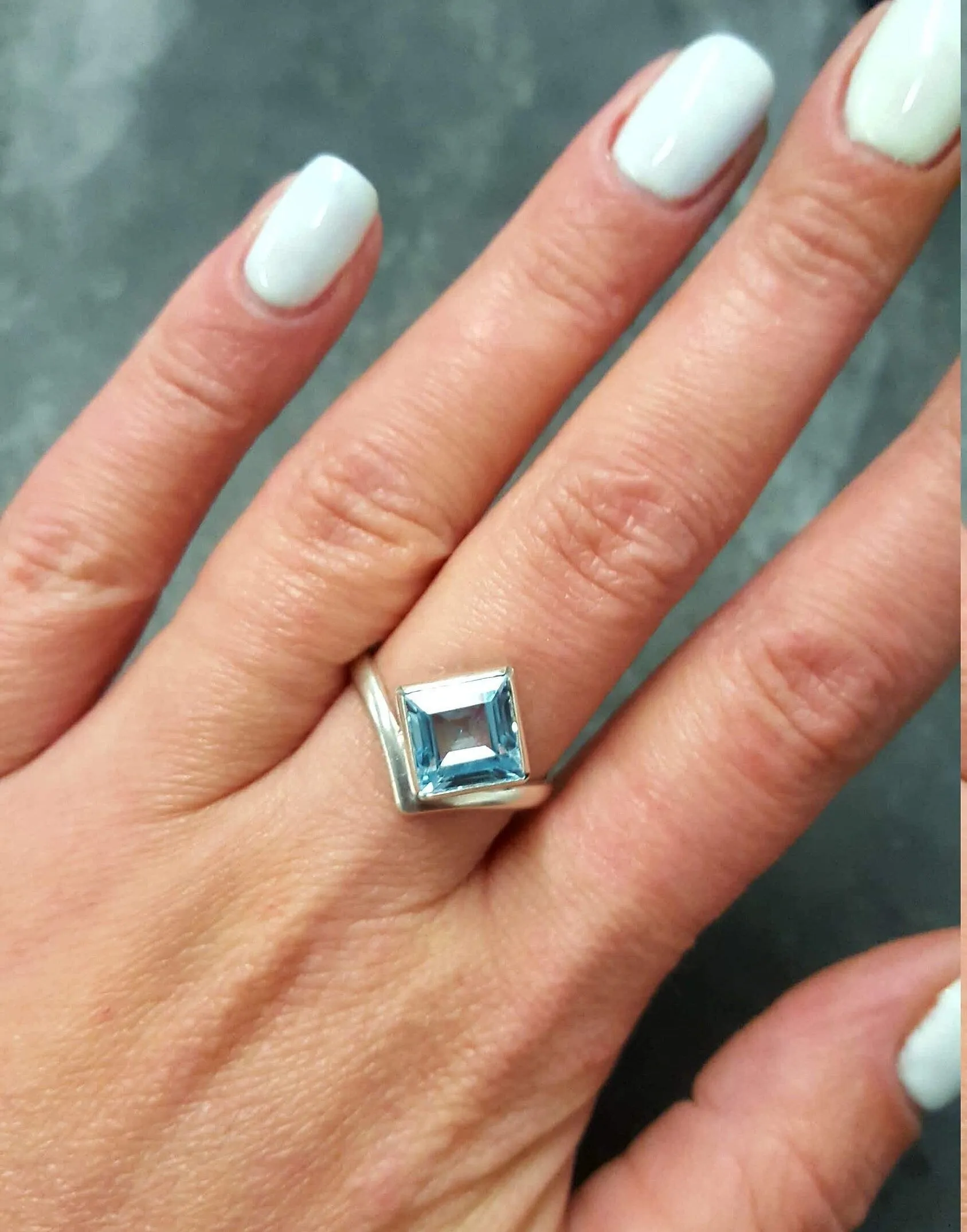 Square Blue Topaz Ring - Princess Cut Ring - Classy Bezel Ring