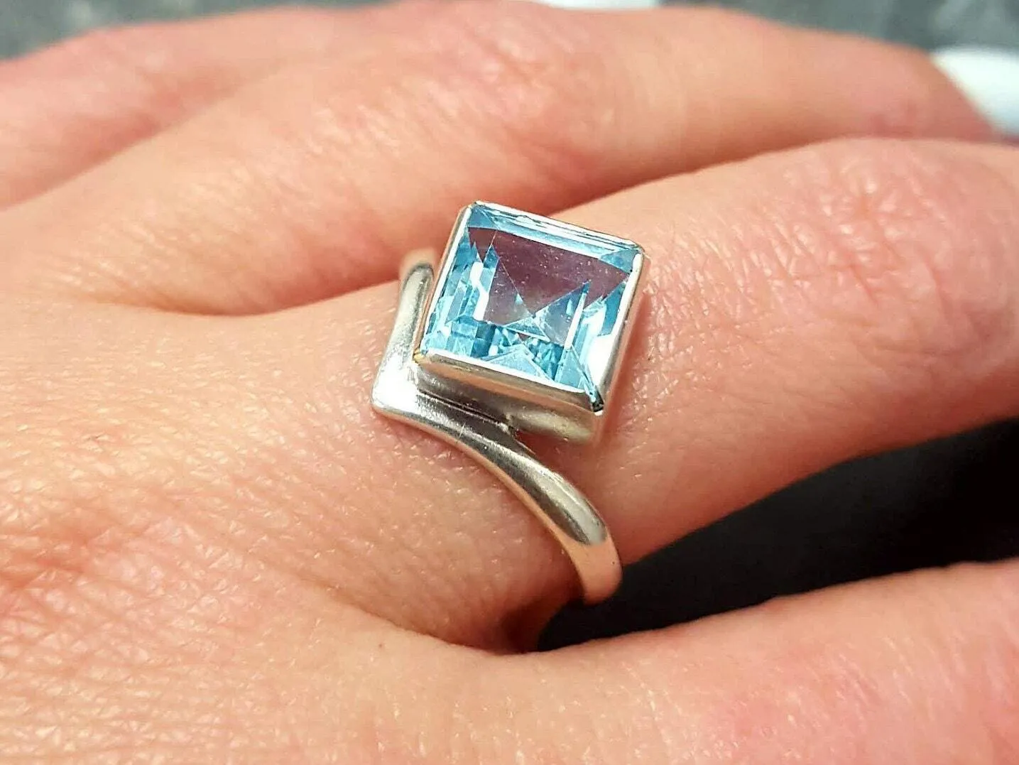 Square Blue Topaz Ring - Princess Cut Ring - Classy Bezel Ring