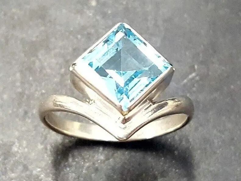 Square Blue Topaz Ring - Princess Cut Ring - Classy Bezel Ring