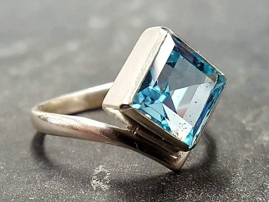 Square Blue Topaz Ring - Princess Cut Ring - Classy Bezel Ring