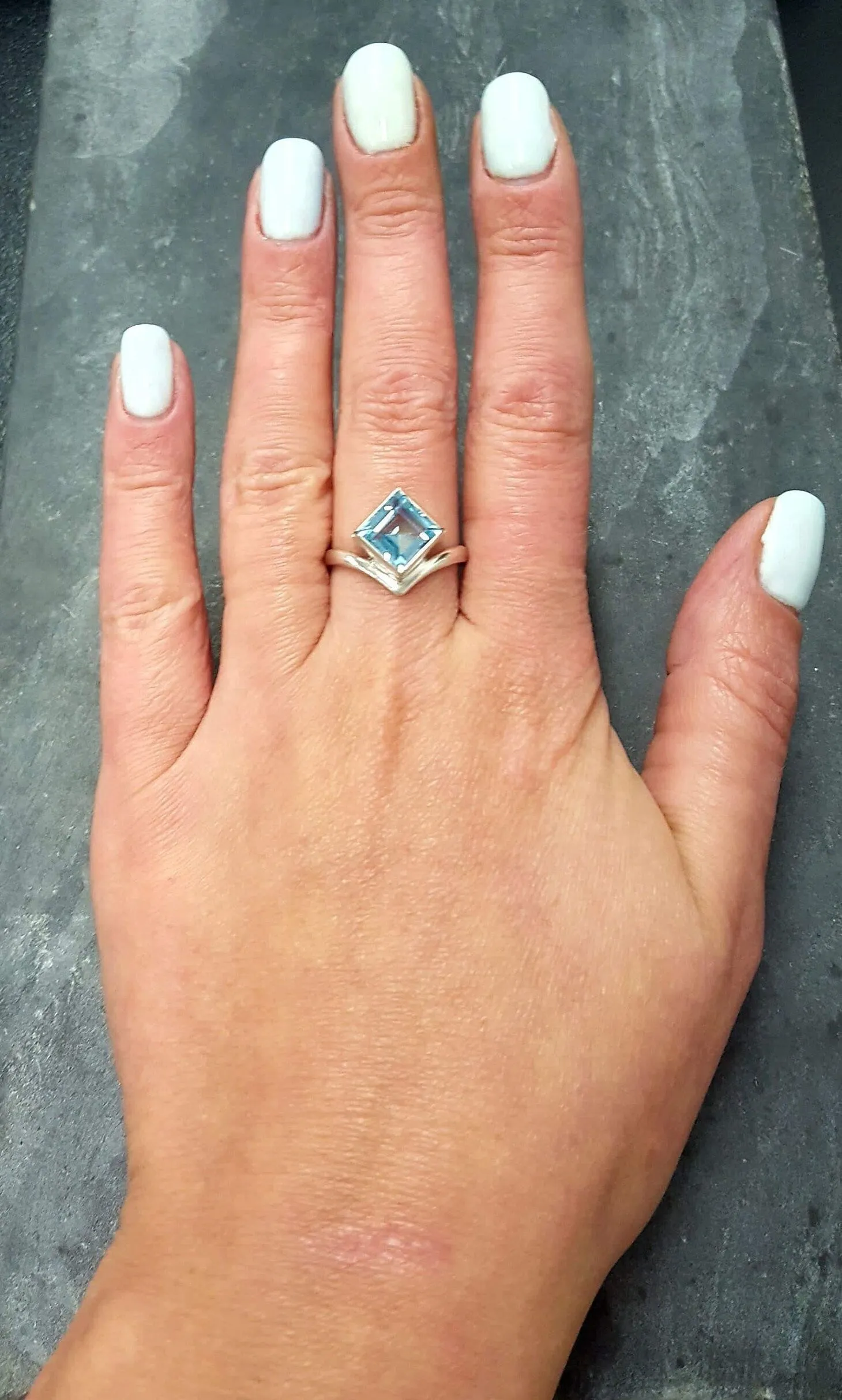 Square Blue Topaz Ring - Princess Cut Ring - Classy Bezel Ring