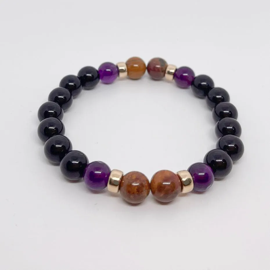 Stability and Serenity - Black Tourmaline, Petrified Wood and Amethyst Bracelet 8mm