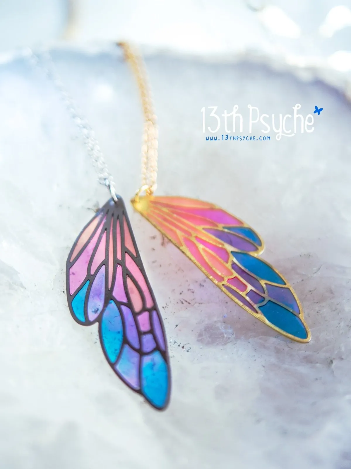 Stained glass inspired fairy wing pendant necklace