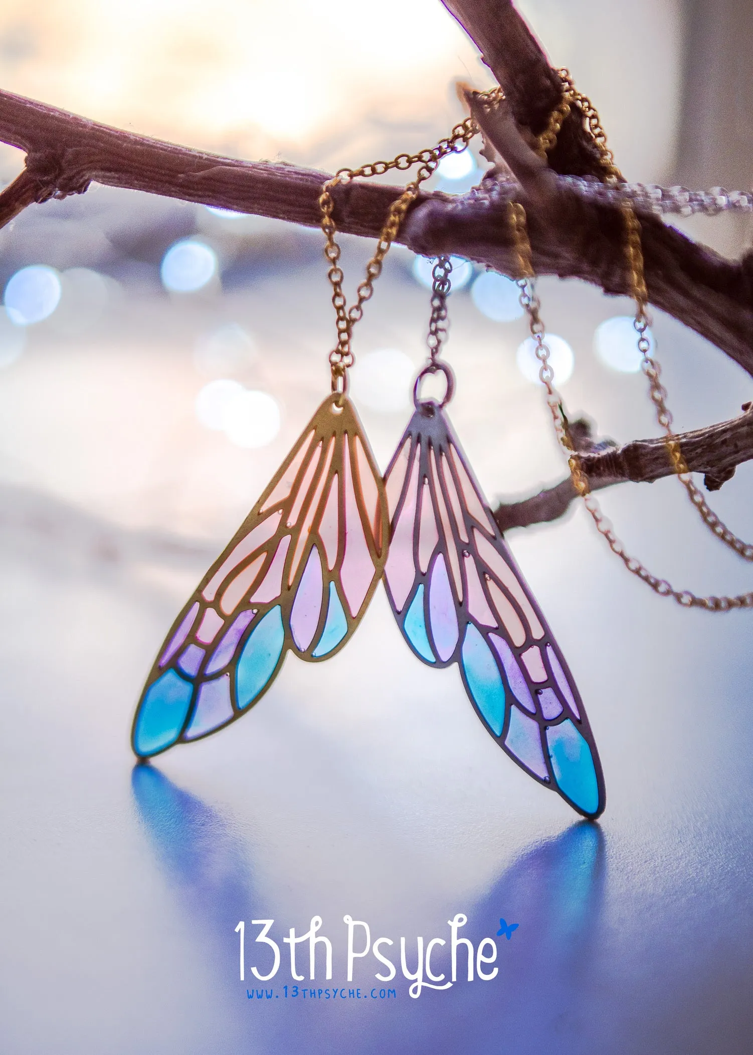 Stained glass inspired fairy wing pendant necklace