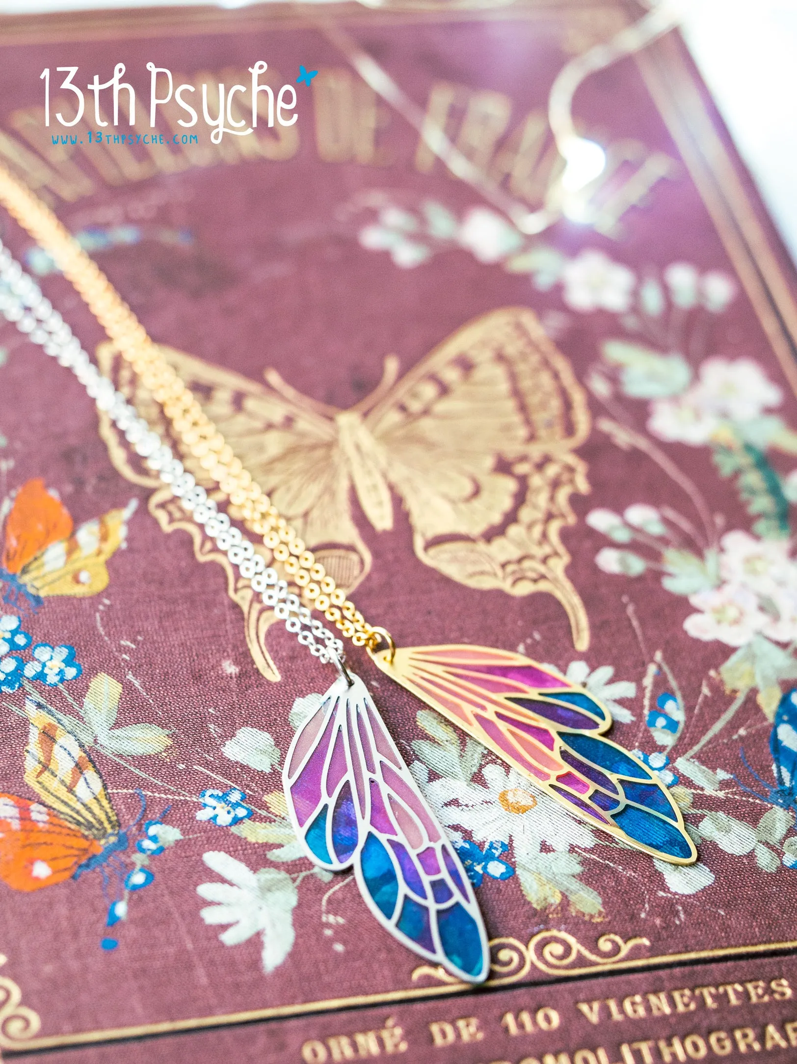 Stained glass inspired fairy wing pendant necklace