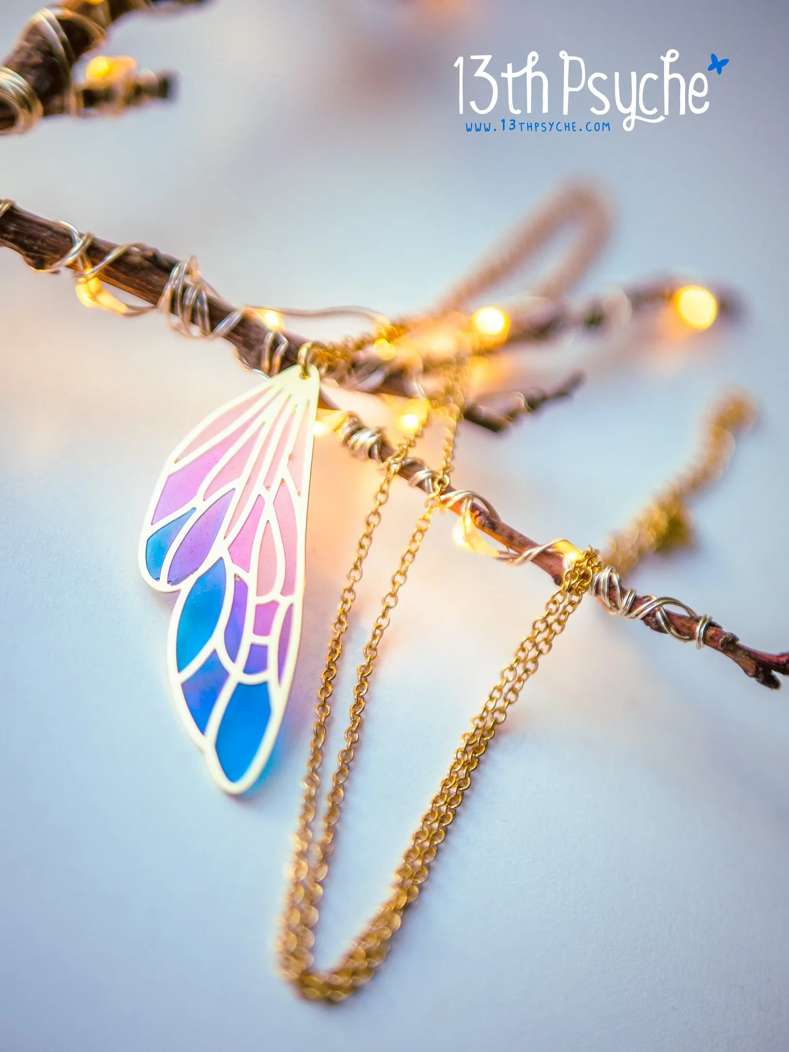 Stained glass inspired fairy wing pendant necklace