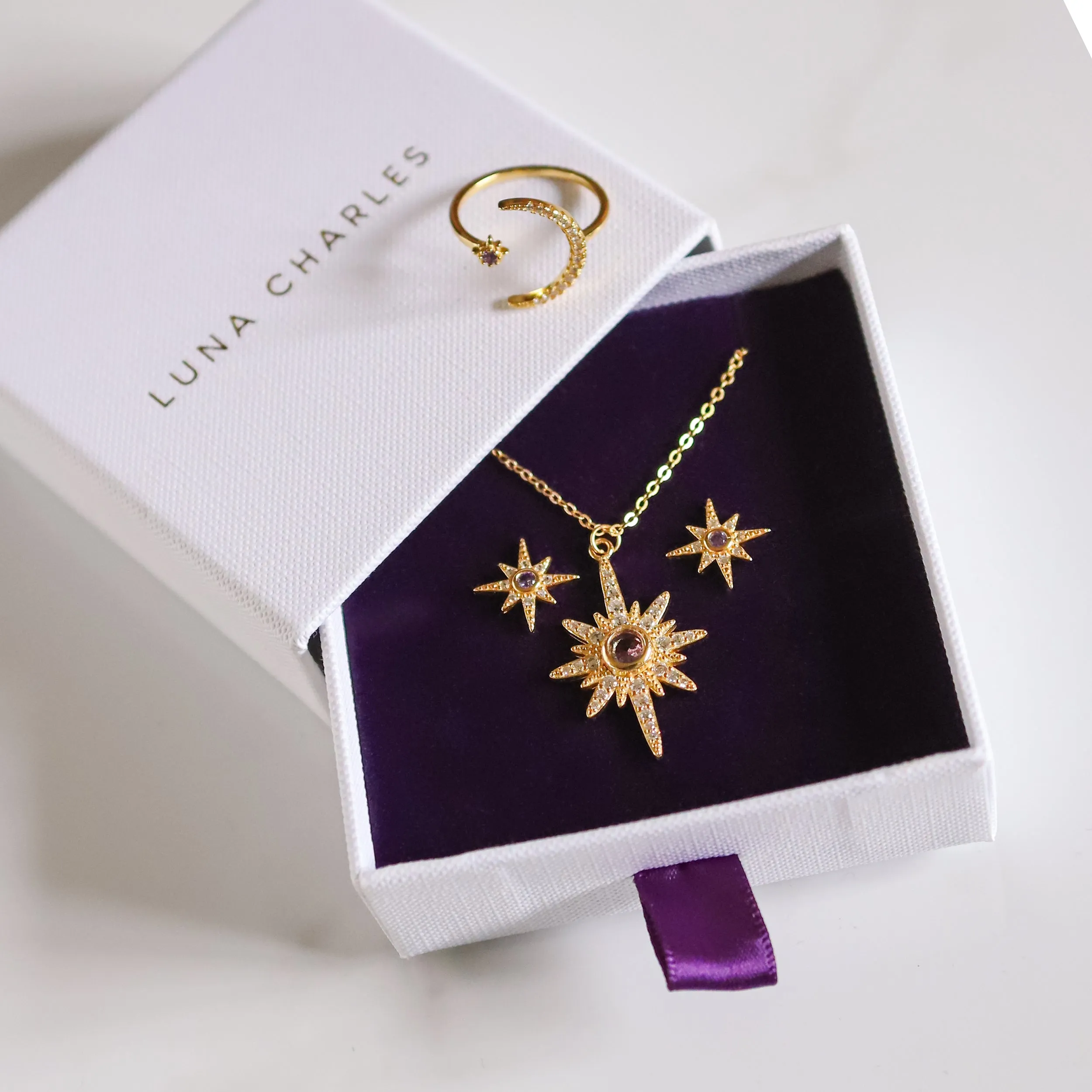 Star Birthstone Ring Gift Set | Earrings Necklace & Ring | 18K Gold Plated