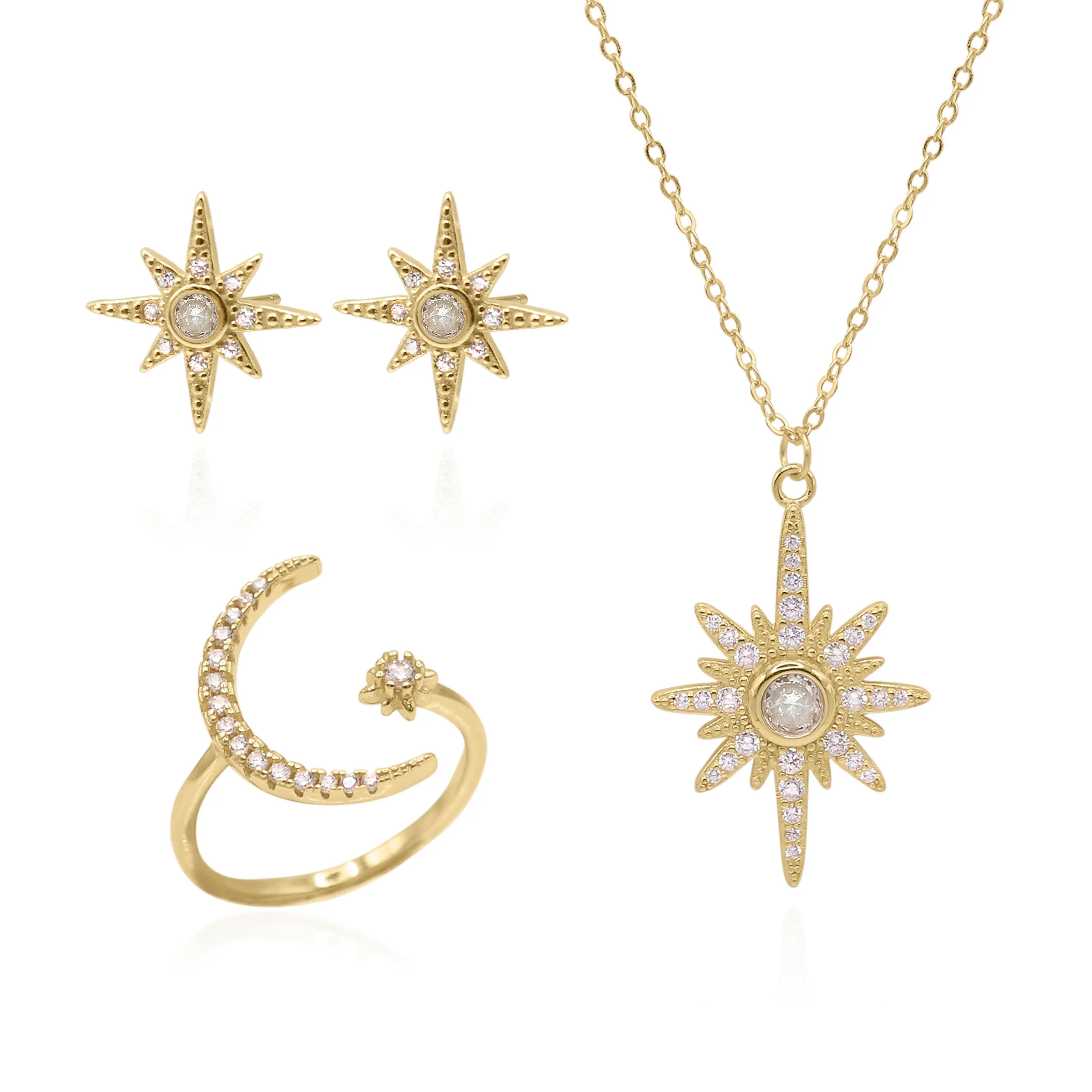 Star Birthstone Ring Gift Set | Earrings Necklace & Ring | 18K Gold Plated