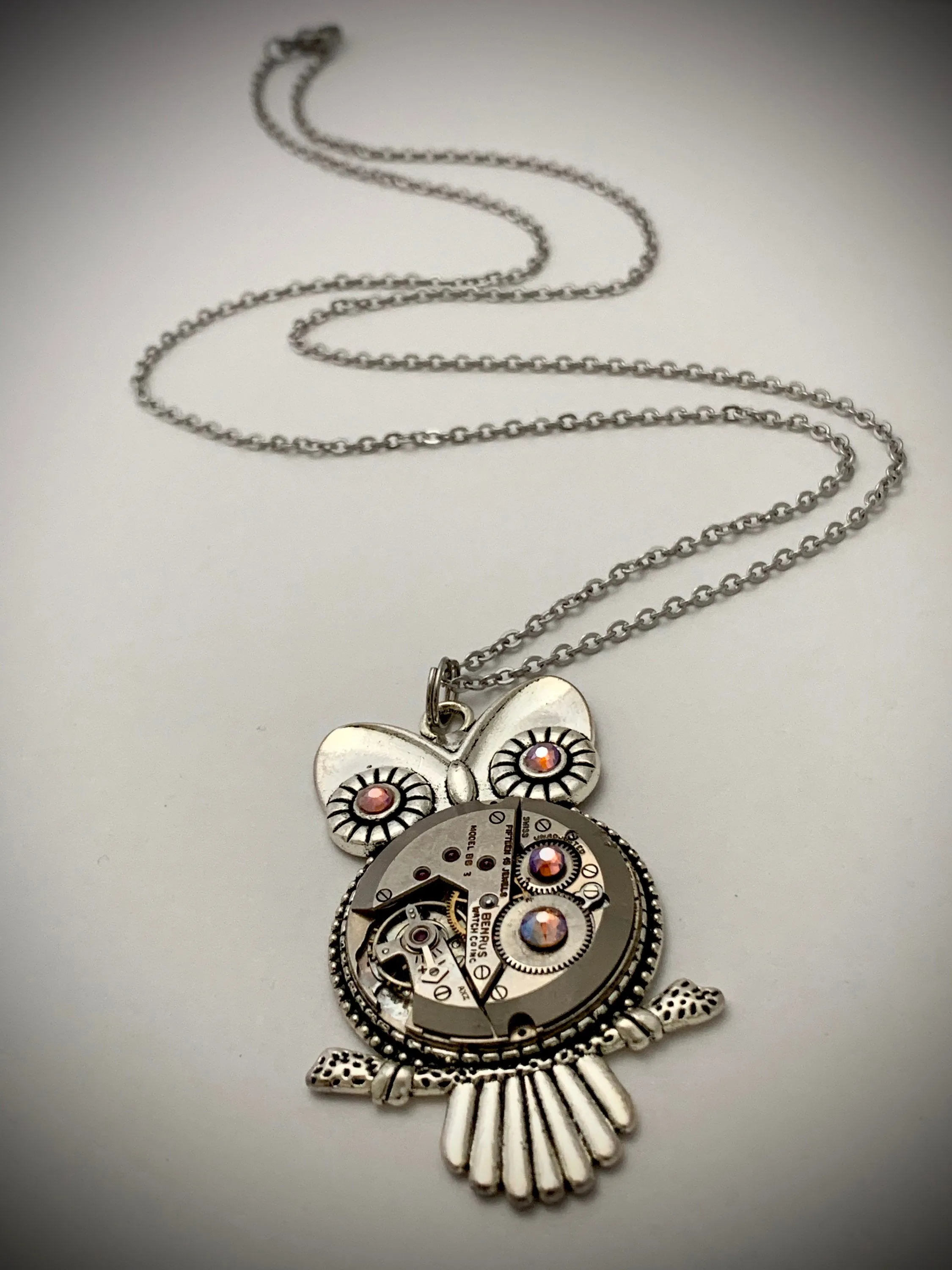 Steampunk Pendant - Who's Time - Steampunk Necklace - Owl pendant Swarovski crystals in Topaz shimmer