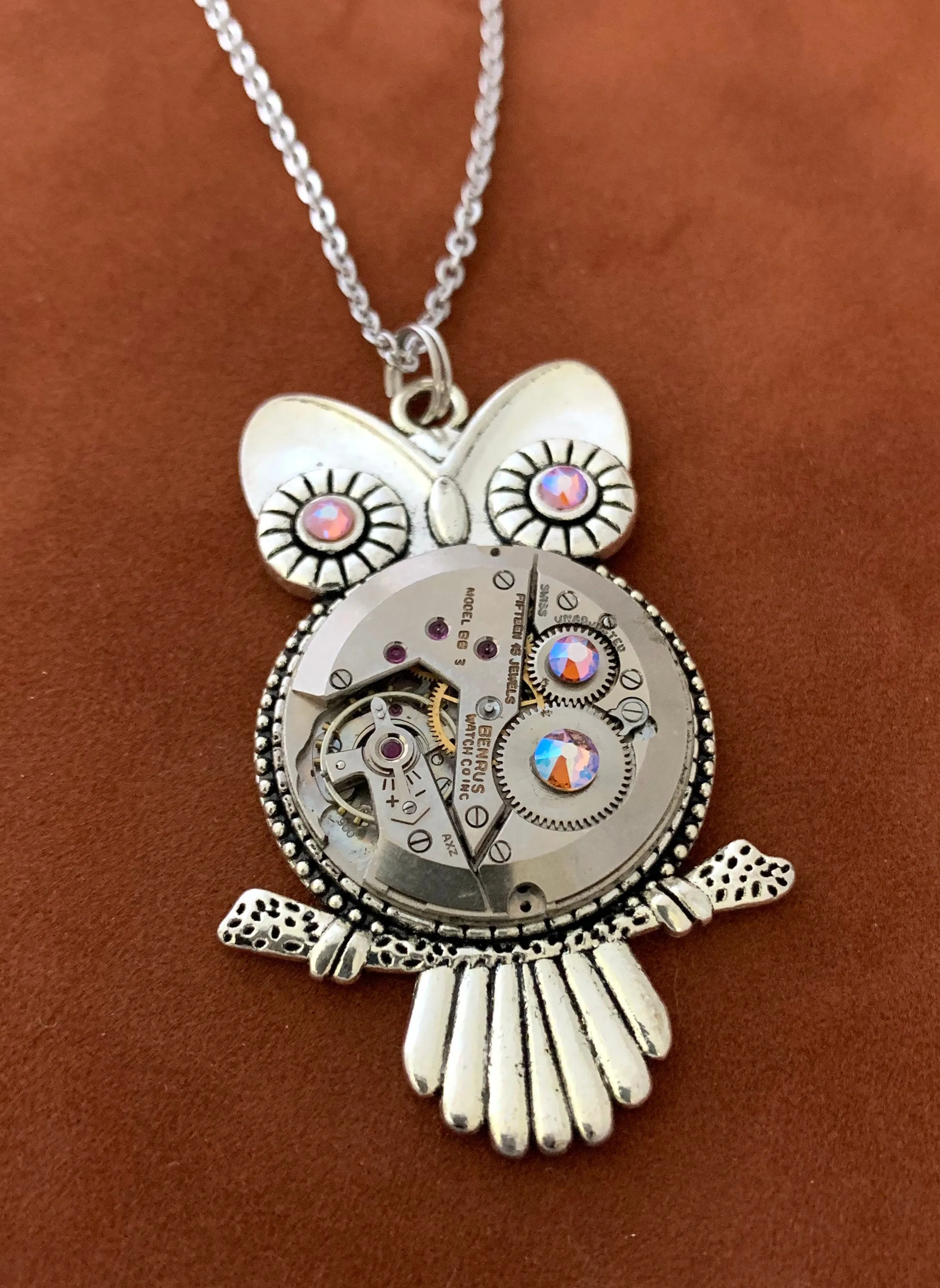 Steampunk Pendant - Who's Time - Steampunk Necklace - Owl pendant Swarovski crystals in Topaz shimmer