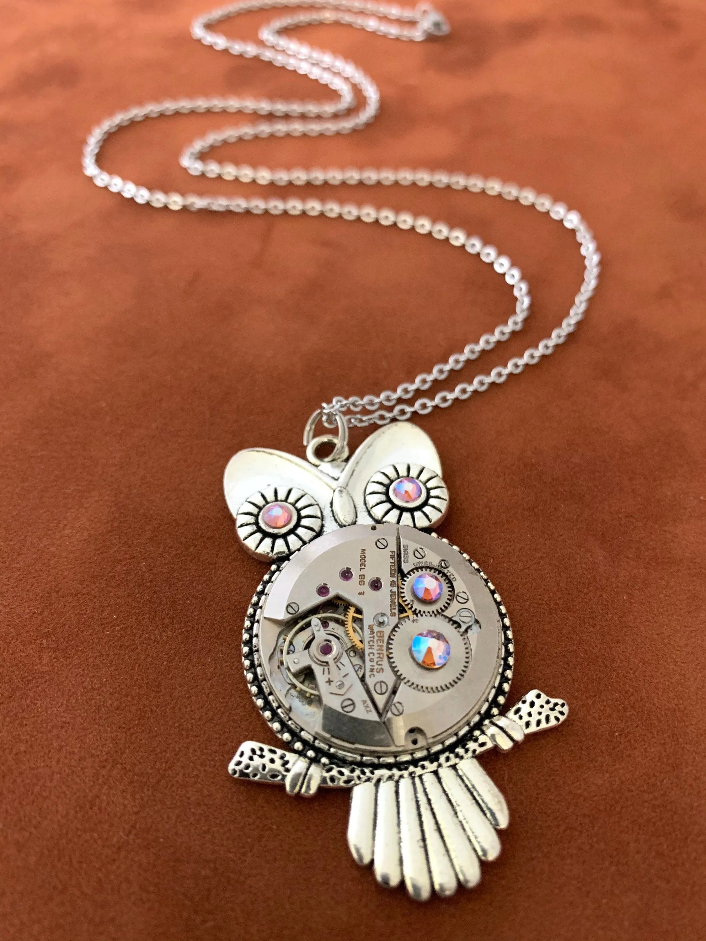 Steampunk Pendant - Who's Time - Steampunk Necklace - Owl pendant Swarovski crystals in Topaz shimmer