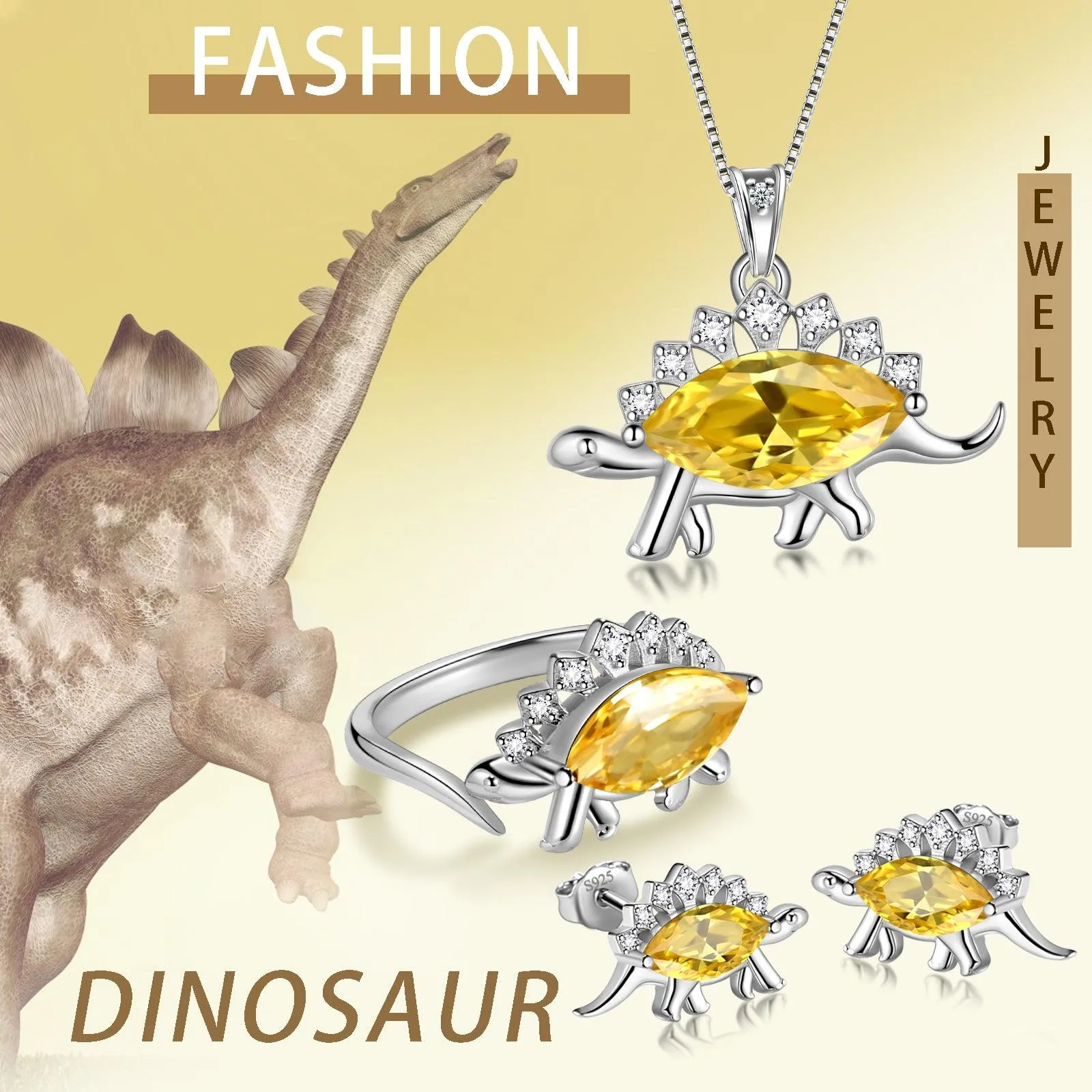 Stegosaurus Dinosaur Jewelry Set Earrings Necklace Ring Women Girls Jewelry Gift