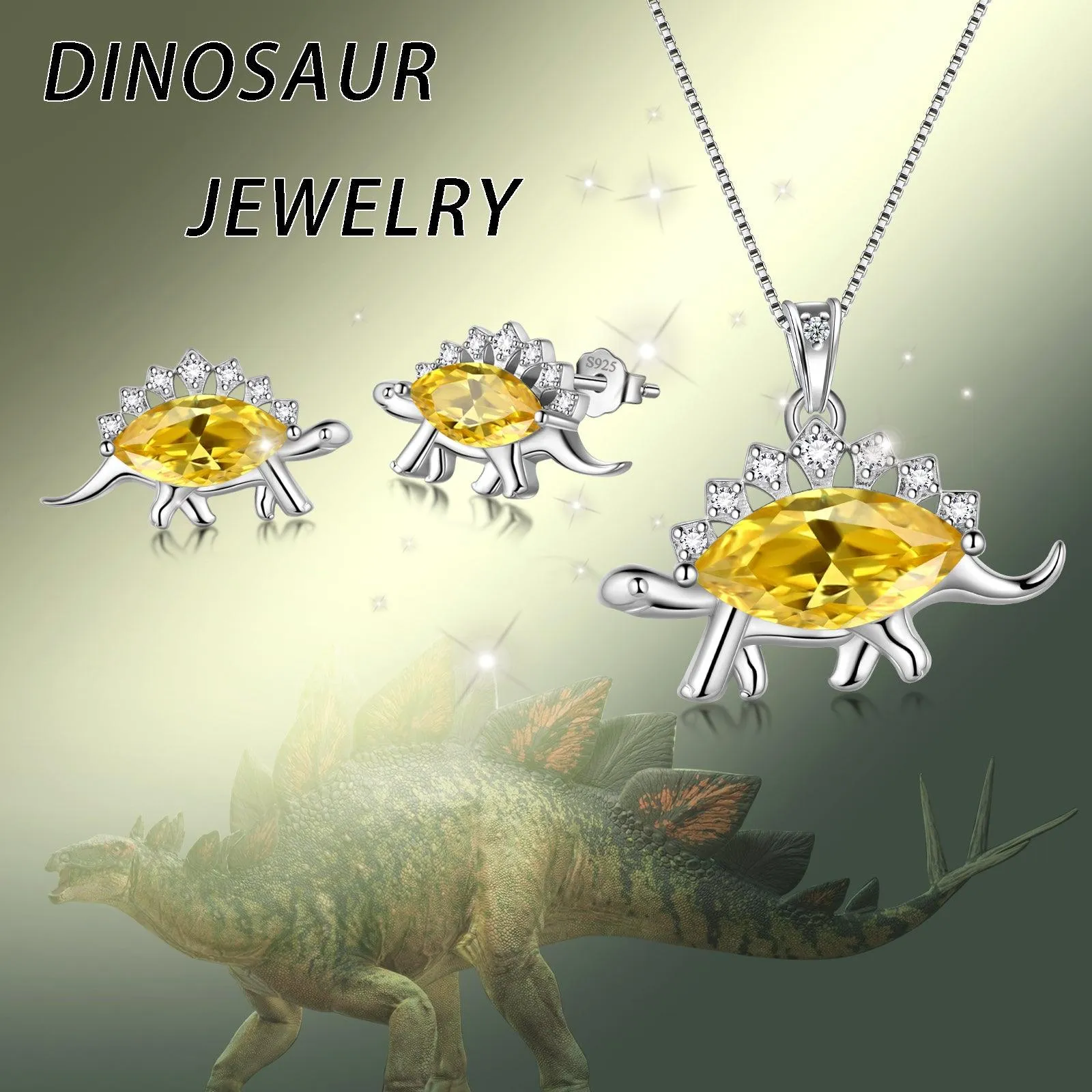 Stegosaurus Dinosaur Jewelry Set Earrings Necklace Women Girls Jewelry Gift