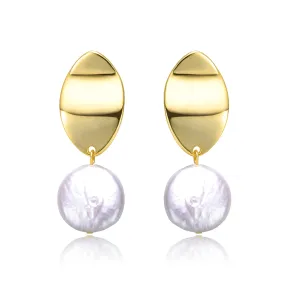 Sterling Silver 14k Yellow Gold Plated with White Coin Pearl Dangle Drop Marquise Medallion Earrings